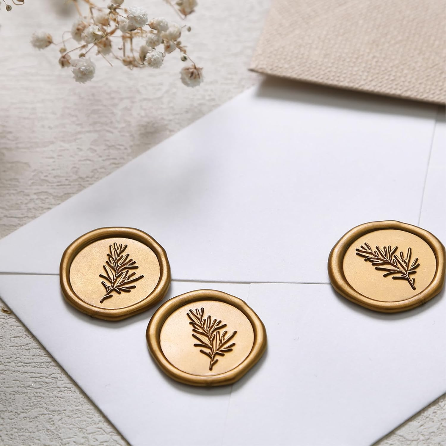 50Pcs Wax Seal Stickers, Wedding Invitation Envelope Seal Stickers, Self- Adhesive Antique Gold Stickers, Perfect for Invitaion Envelopes Gift Wrapping Party Greeting Cards(Rosemary) image number 1