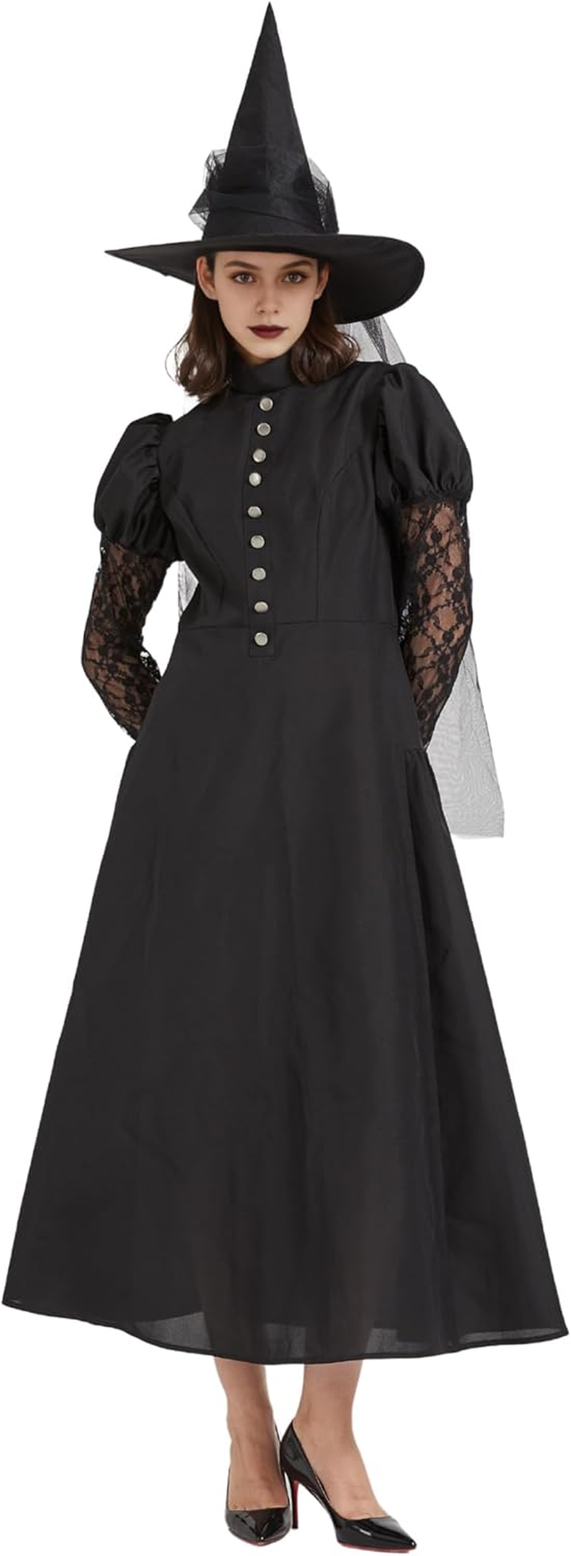 3Pcs Women'S Wicked Witch Costume for Adult Halloween Outfit Witch Dress with Hat and Tulle for Sorceress Cosplay image number 4