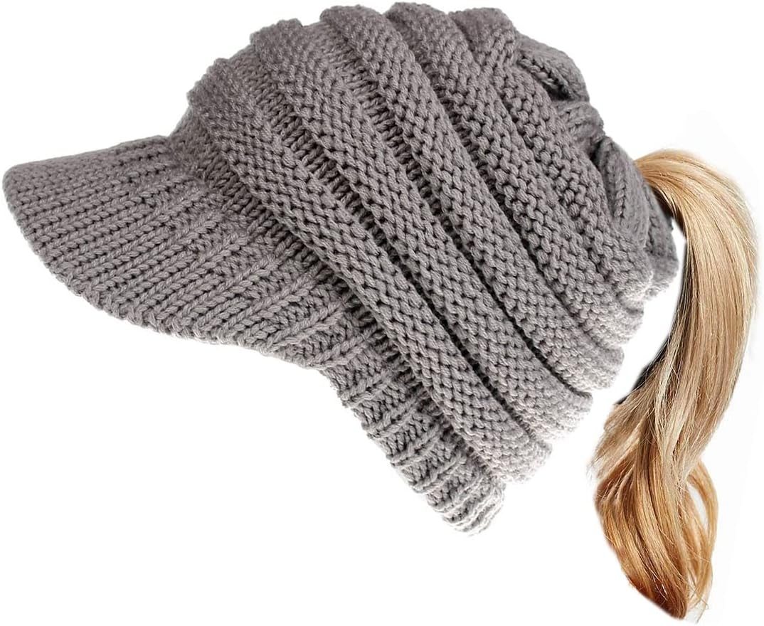 Eachwell Women Cable Knit Beanie Cap Soft Stretch Messy High Bun Winter Ponytail Hat - Black image number 5