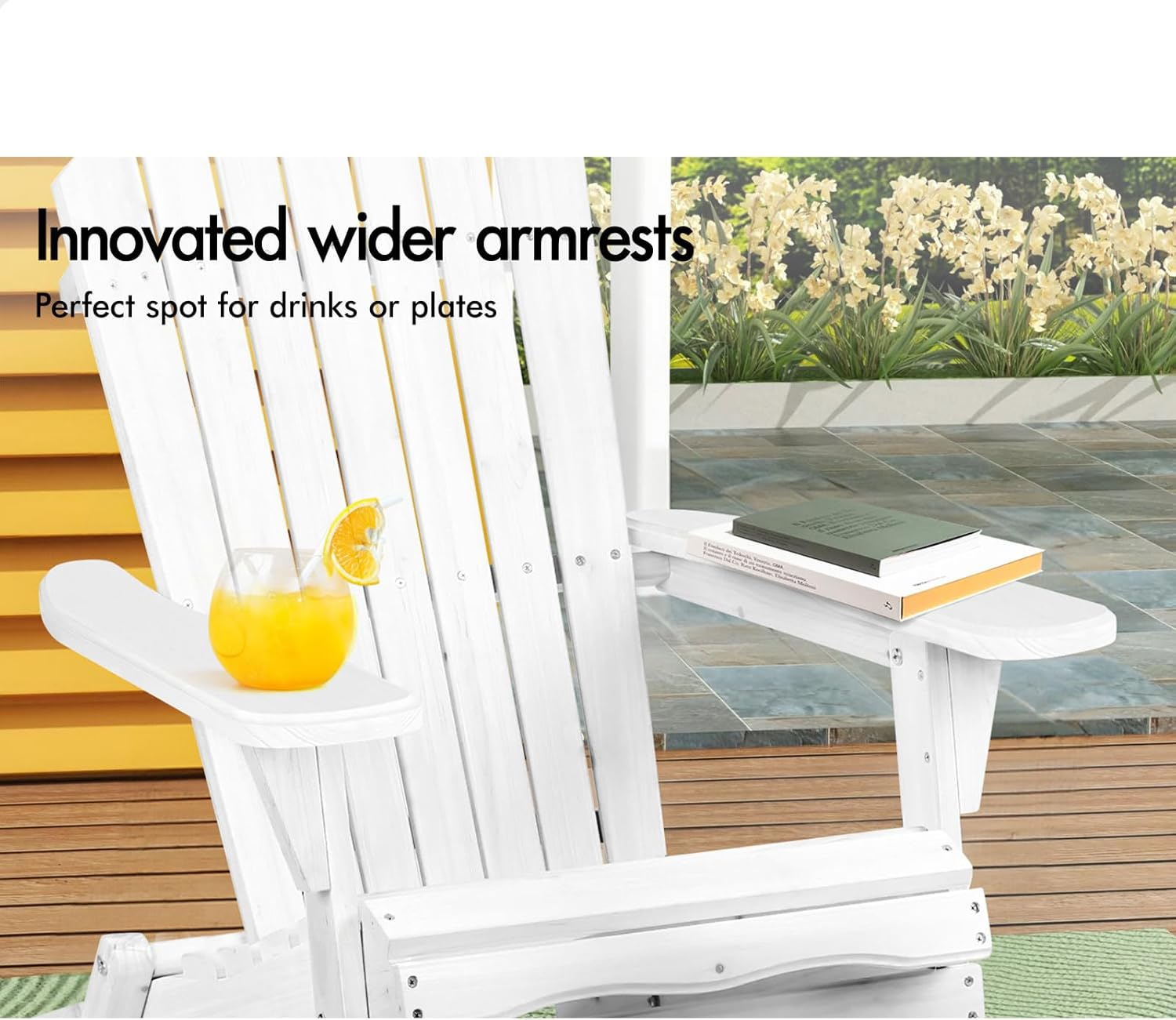 ALFORDSON 3Pcs Wooden Muskoka Adirondack Chair and Desk, Fir Wood Lawn Furniture Seater for Patio Garden Porch, Slatted Beach Armchair Lounge, 180Kg Weight Capacity, White Color - White image number 2