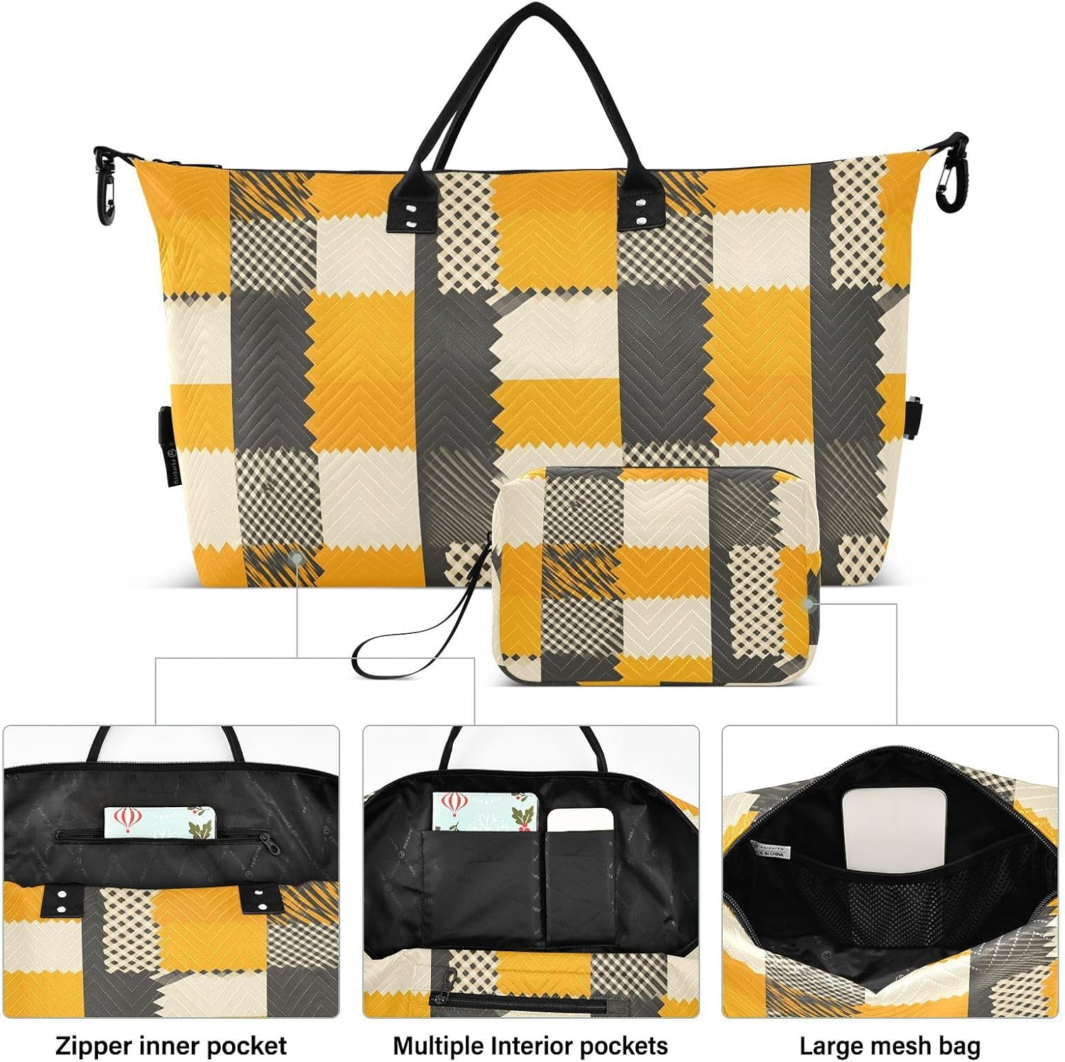 WOIWB Yellow Plaid Duffel Bag for Travel Gym Sport, Weekender Travel Bags Carry on Overnight Bag image number 4