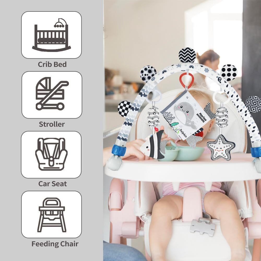 Baby Activity Arch Bassinet Toy, Black and White Travel Mobile Toy Bar with Hanging Animals, Stroller, Pram and Crib Attachment Toys (Ocean) - Animal image number 2