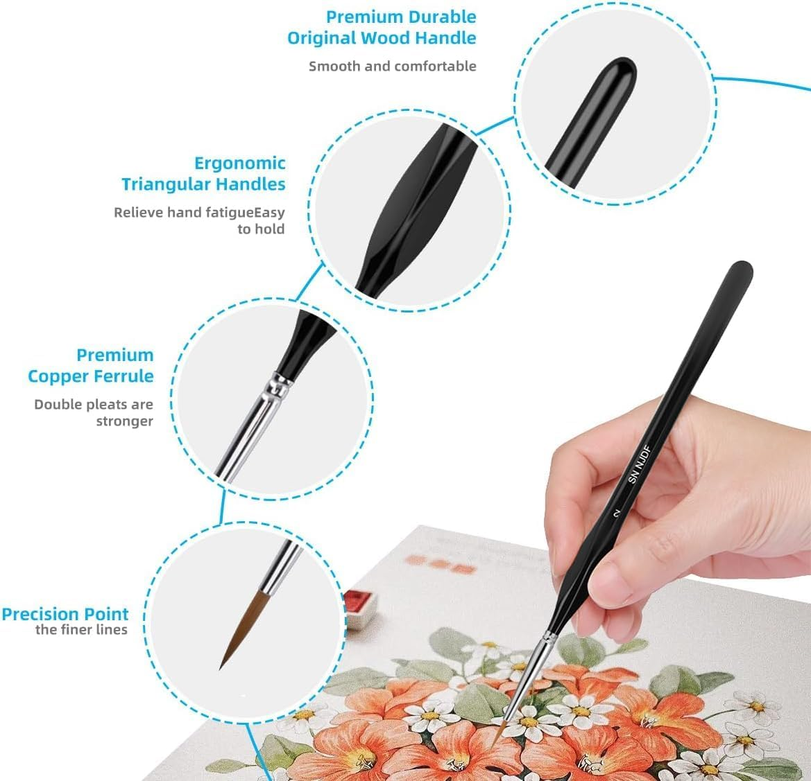 JCBCKJ Drawing Hook Pen Fine Detail Paint Brush Set 11 Pcs, Tiny Professional Micro Miniature Painting Brushes Kit with Ergonomic Handle for Acrylic, Oil, Watercolor, Art, Scale Model, Face image number 1