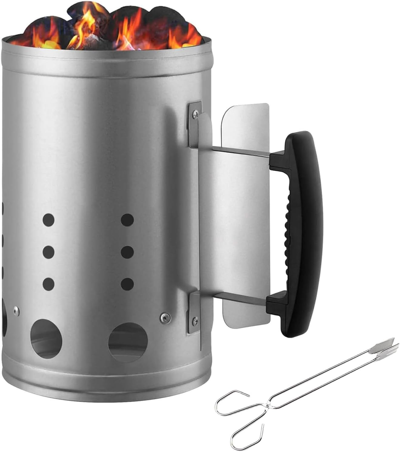 Charcoal Igniter with Safety Handle Chimney Starter for Charcoal Grills and Barbecues - Chimney Lighter Basket for Charcoal Grills - Briquette Starter Canisters for Barbecues - (Silver-A) image number 1