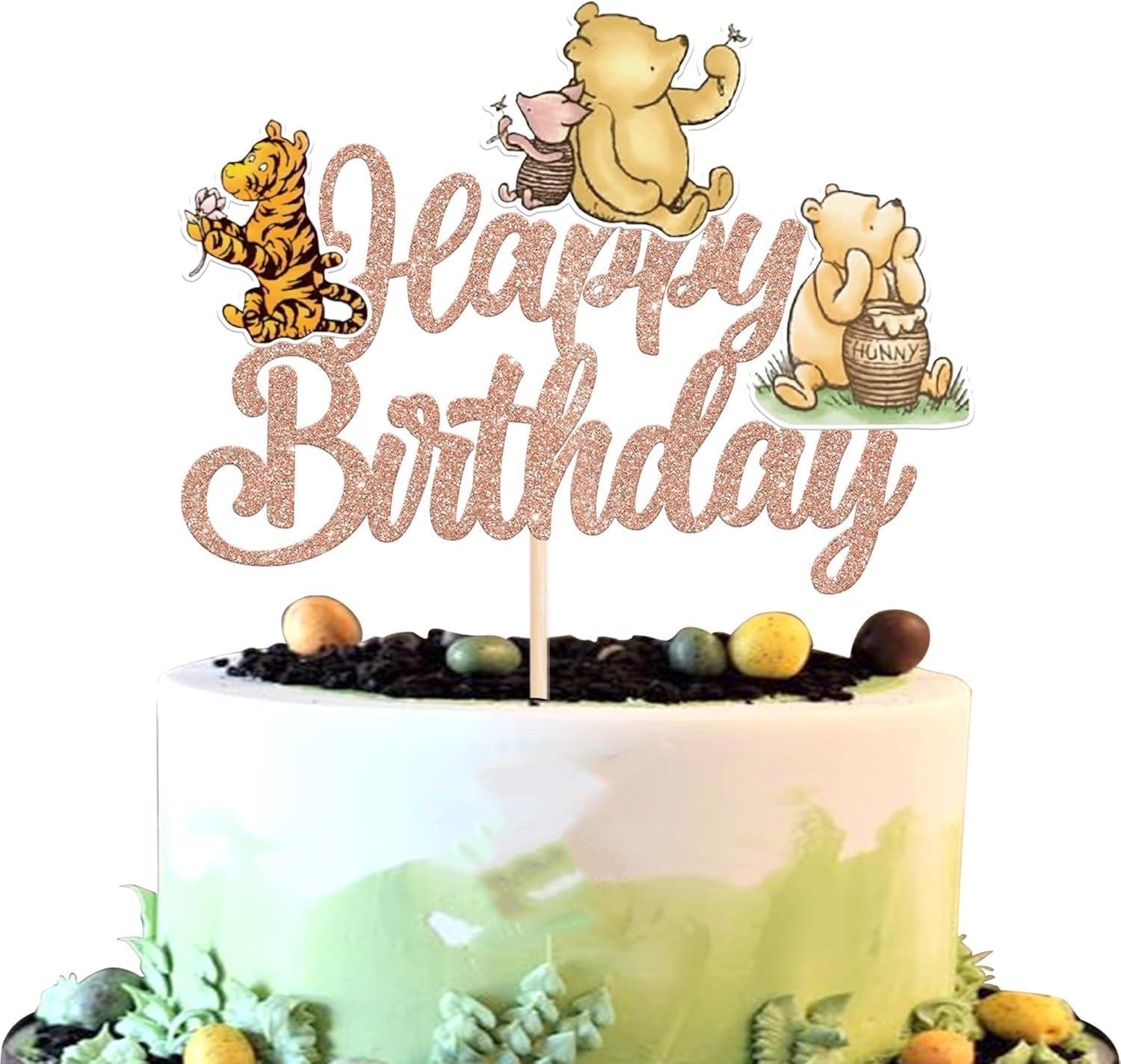 SYKYCTCY 1 Pack Winnie Happy Birthday Cake Topper Glitter Classic Birthday Cake Pick Cute Winnie Bear Cake Decorations for Baby Shower Bridal Shower Kids Birthday Party Supplies (Rosegold)