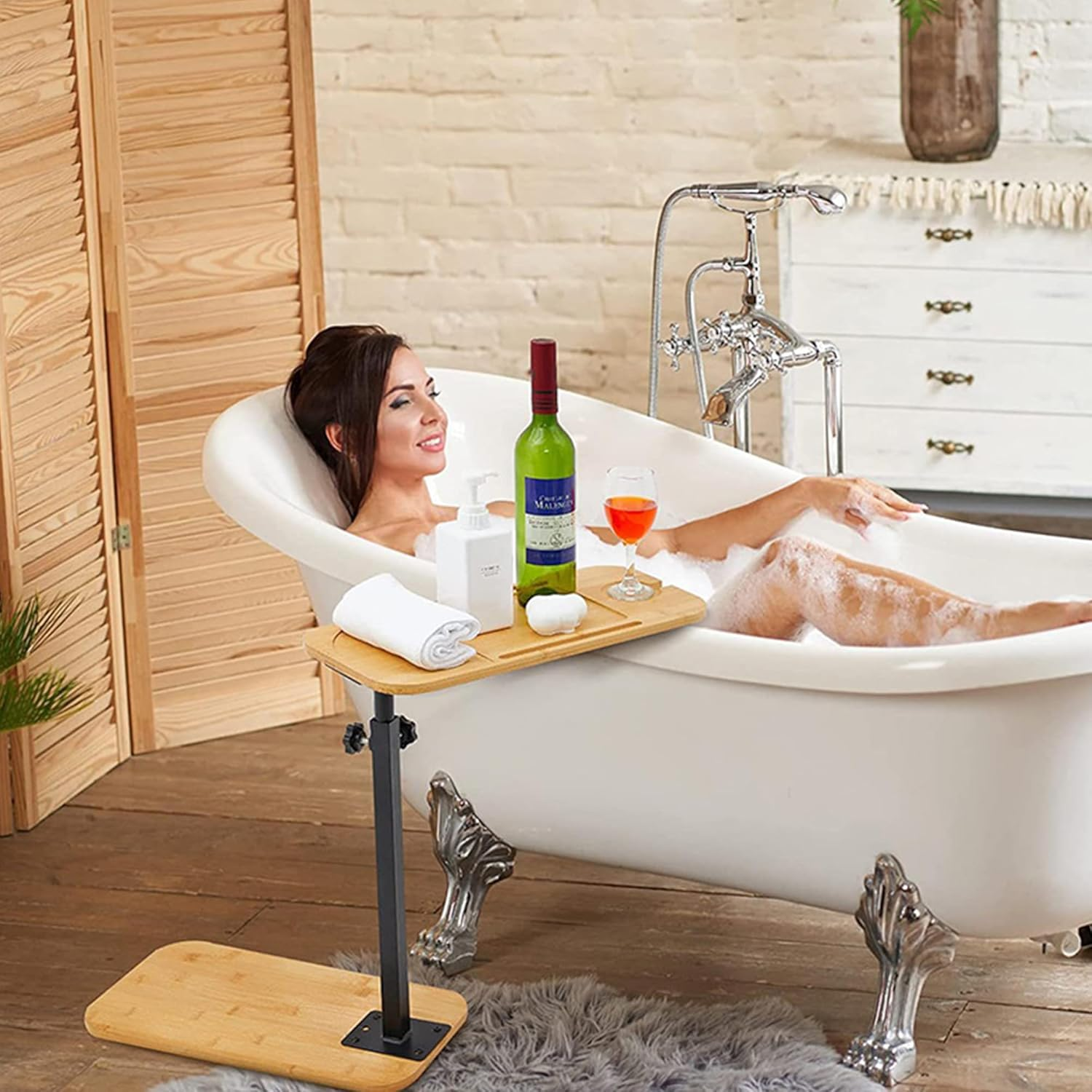Bamboo Bathtub Tray Table, Height Adjustable & 360&deg; Rotated with Wine Glass Phone Holder for Home Spa
