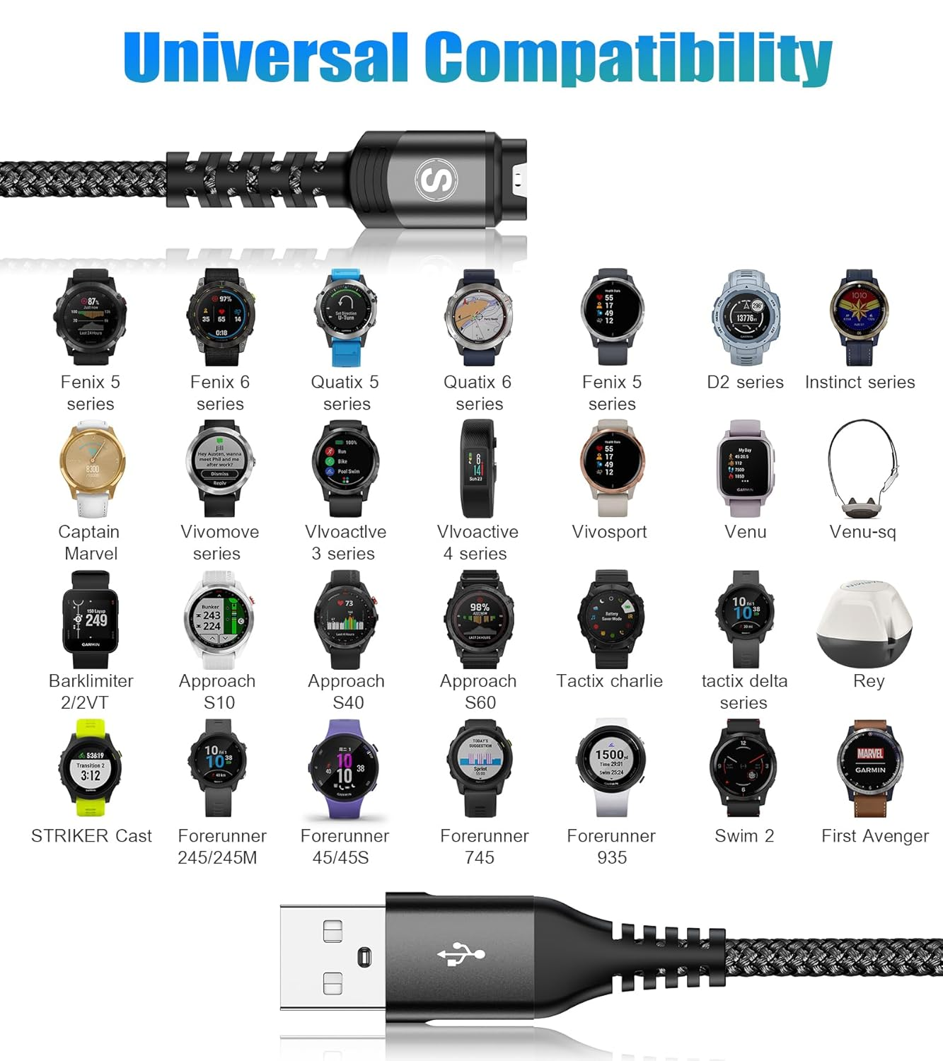 Garmin Watch Charger Cable [2-Pack,1.2M] Compatible with Garmin Fenix 5 5S 5X 6 6S 6X plus Pro 7 7S 7X 8, Forerunner 945 45 45S 245 Music,Approach S10 S40 S60 G12 S12 S42,V&iacute;voactive 3 4 4S-Black - Blue image number 6