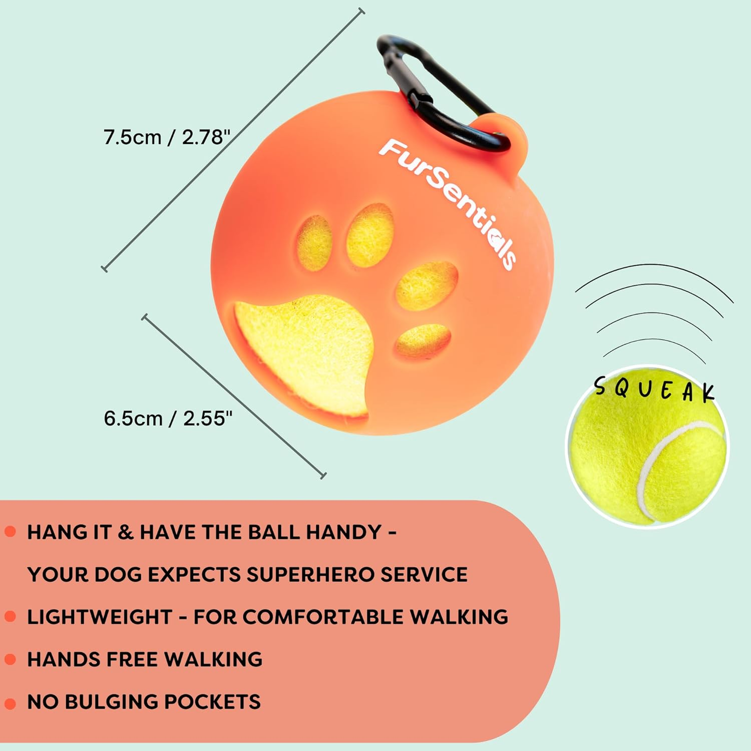 Dog Squeaky Tennis Ball with Silicone Dog Ball Holder for Dog Leash - with Carabinar Attachment Clip - Squeaky Dog Toy Is a Dog Leash Accessory - Hands-Free Dog Walking Accessory_Mint Green Ball Buddy image number 6