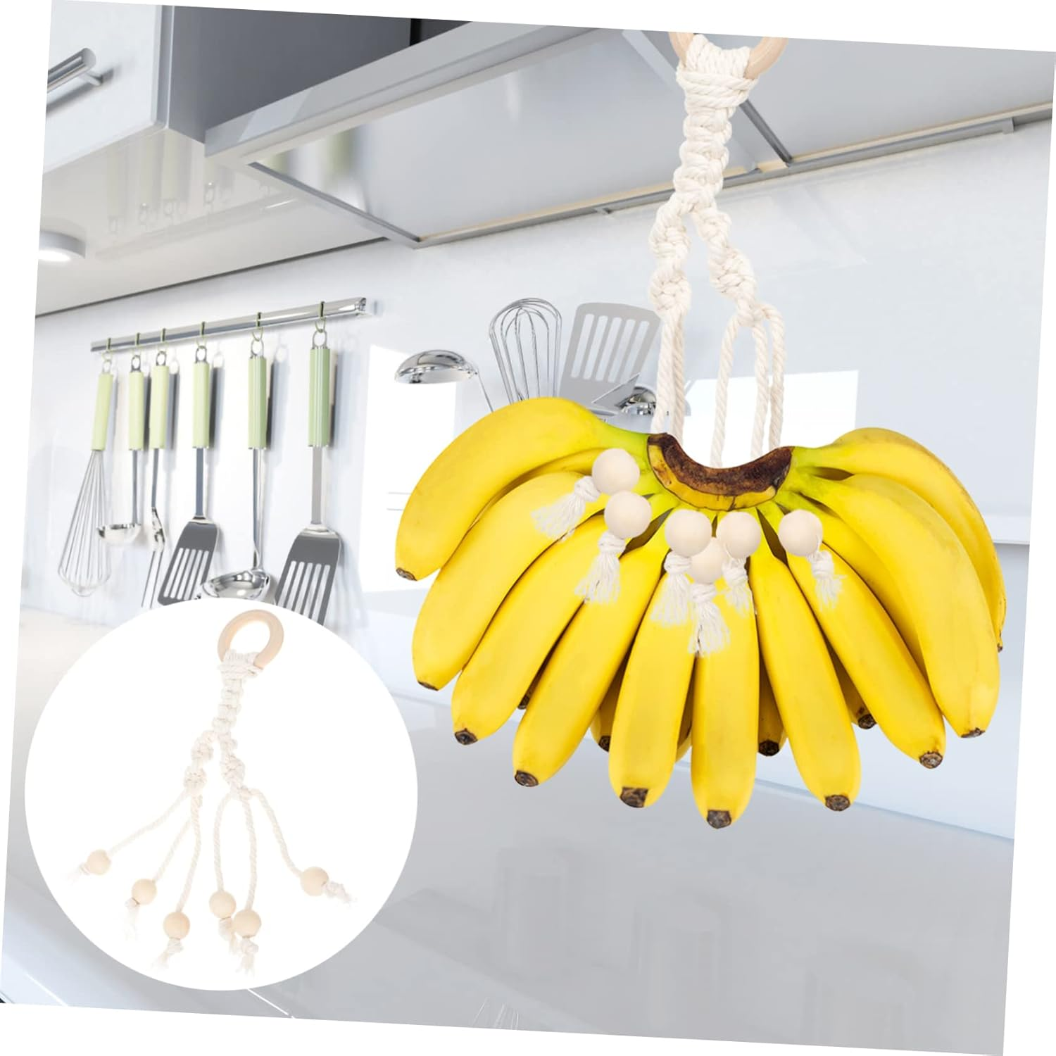 OKUMEYR 2Pcs Macrame Banana Hanger Cotton Rope Wooden Beads Kitchen Fruit Holder under Cabinet Hanging Storage for Home Decor image number 1