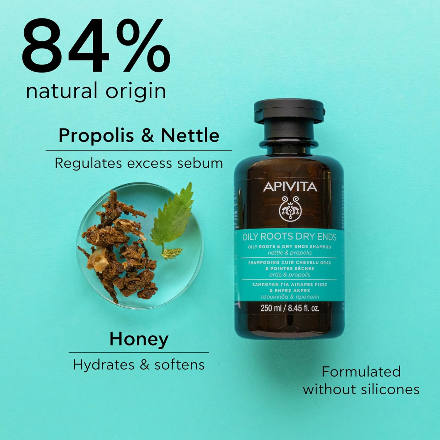 Apivita Oily Roots & Dry Ends Shampoo with Nettle & Propolis 250Ml/8.45Oz image number 5