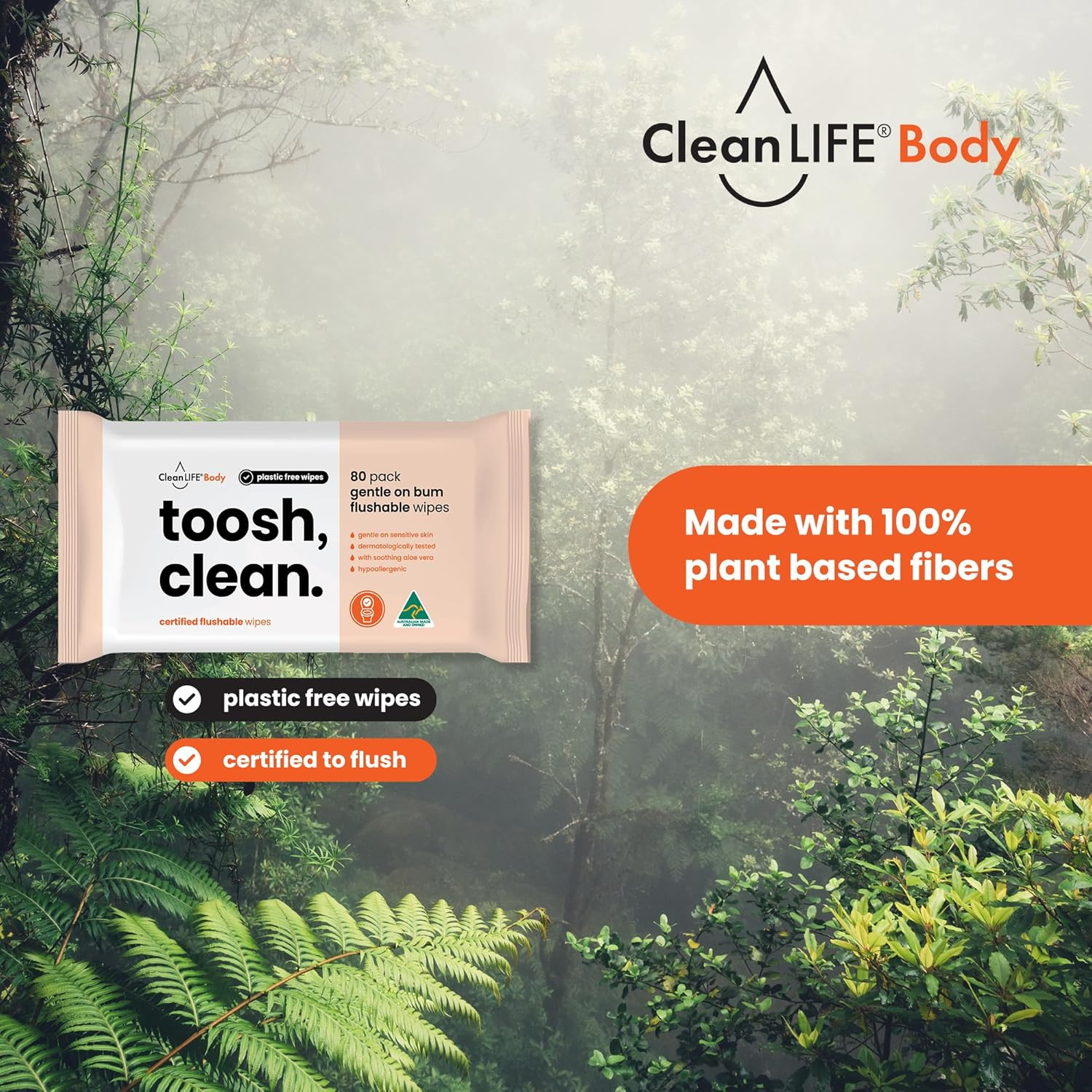 Cleanlife Flushable Wipes &ndash; Toosh, Clean for Sensitive Skin Extra Soft, Aloe Vera & Vitamin E, Hypoallergenic, Dermatologically Tested, 80 Wipes, 8-Pack image number 2