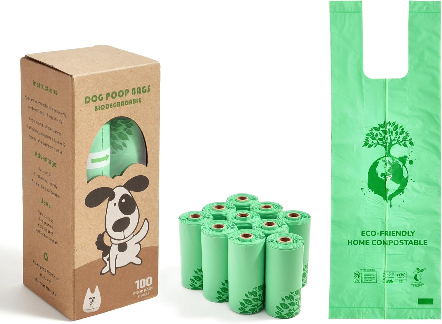 ROWNYEON Certified Compostable Dog Poop Bags, 100 Counts Extra Thick and Leak Proof Biodegradable Pet Poop Handle Tie Bags with AS4736, AS5810, ASTM D6400 and EN13432 Certified(10 Rolls) image number 3