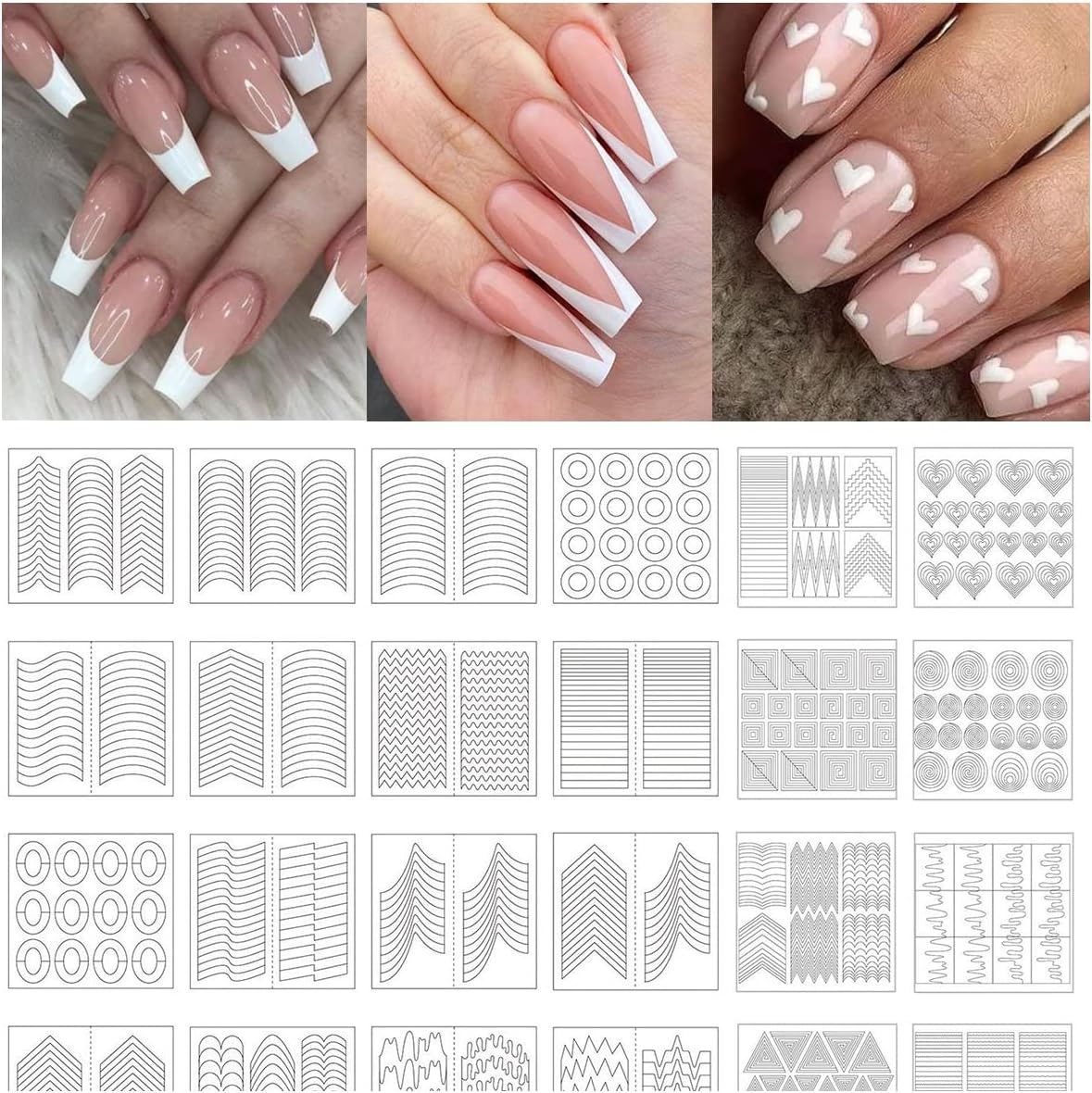 Tailaimei 802 Pieces 36 Designs Nail Stencils French Tip Guides, Nail Art Stickers Form Fringe Guides Vinyl, 24 Sheets
