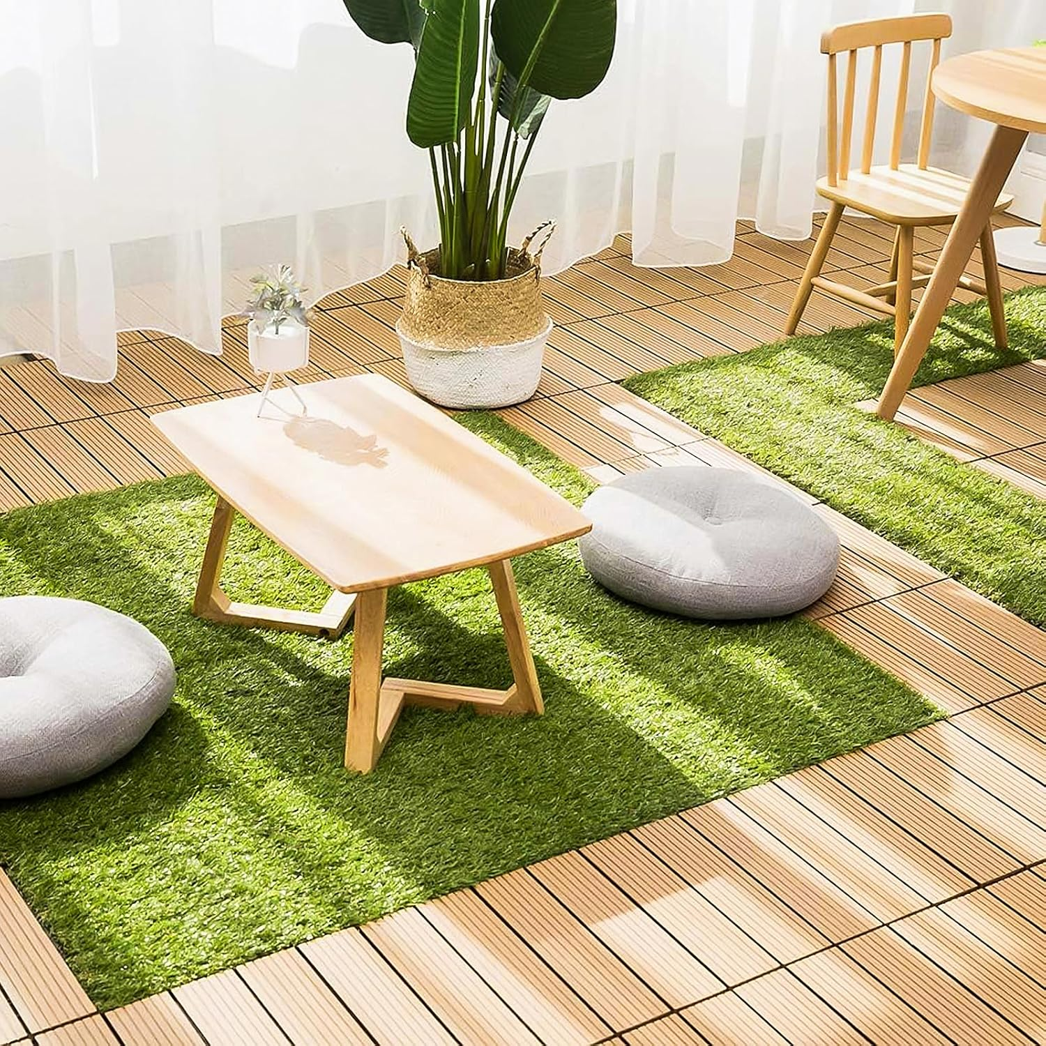 GROWNEER 1.57" H Interlocking Artificial Grass Tiles, 12" X 12" 18 Pcs Fake Grass Deck Turf Tiles with Upgrade Interlocking System Self-Draining for Pet Indoor/Outdoor, Backyard, Patio image number 3