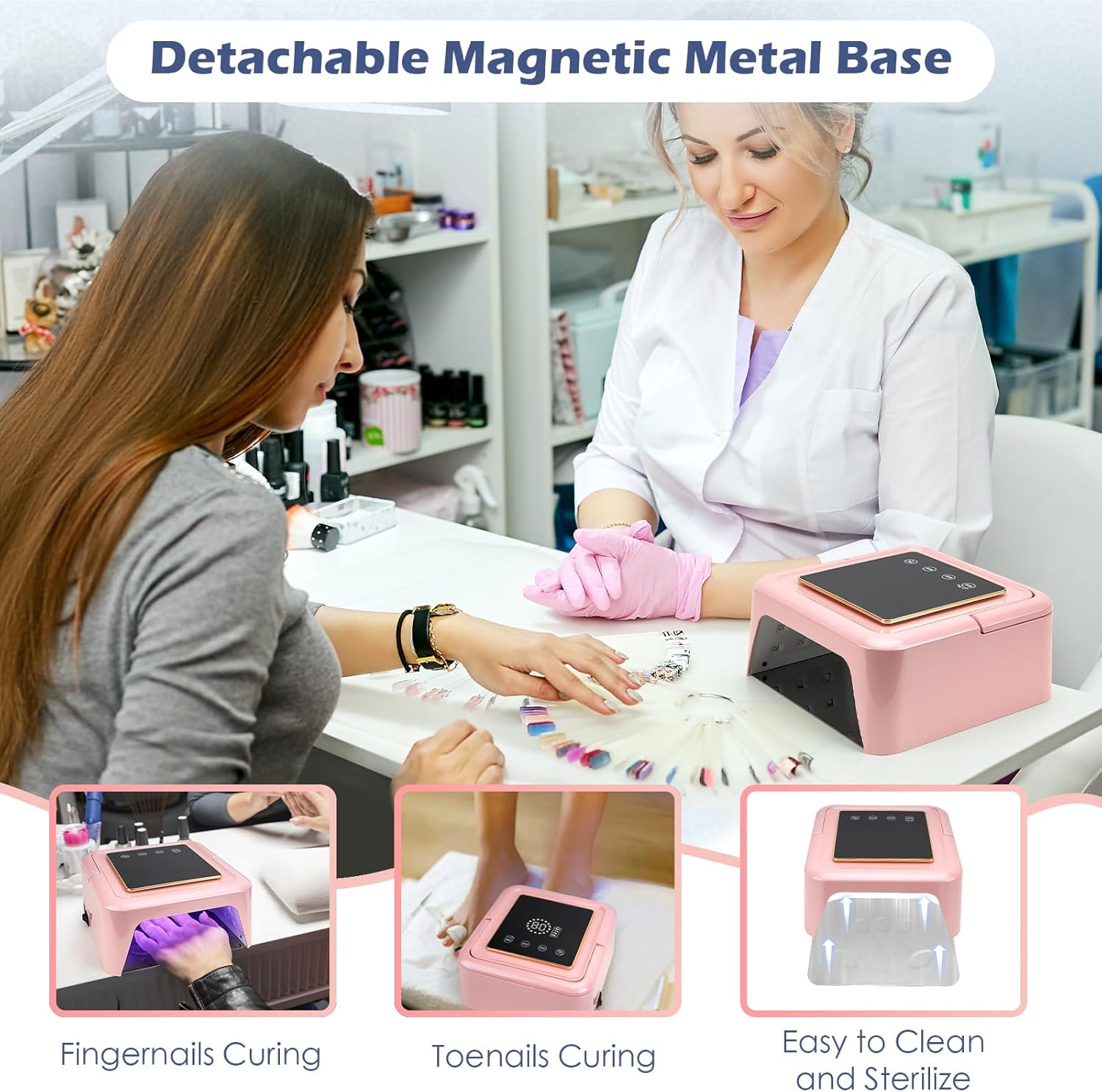 Madenia Rechargeable UV Nail Lamp: 108W Professional UV LED Nail Lamp for Gel Nails Polish - Cordless Nail Dryer Curing Lamp with 4 Timers Auto Sensor and LCD Display for Home & Nail Salon Use, Pink image number 3