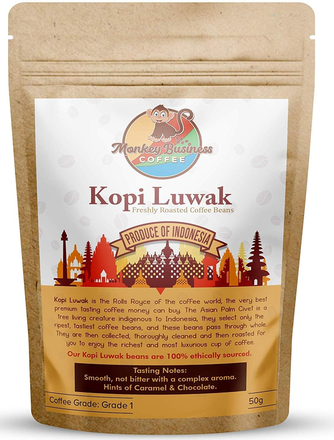 Monkey Business Coffee - Wild Kopi Luwak Coffee Whole Beans - Ethically Sourced - 250 Grams (Other Weights & Bean Types Available) - Produce of Indonesia image number 1