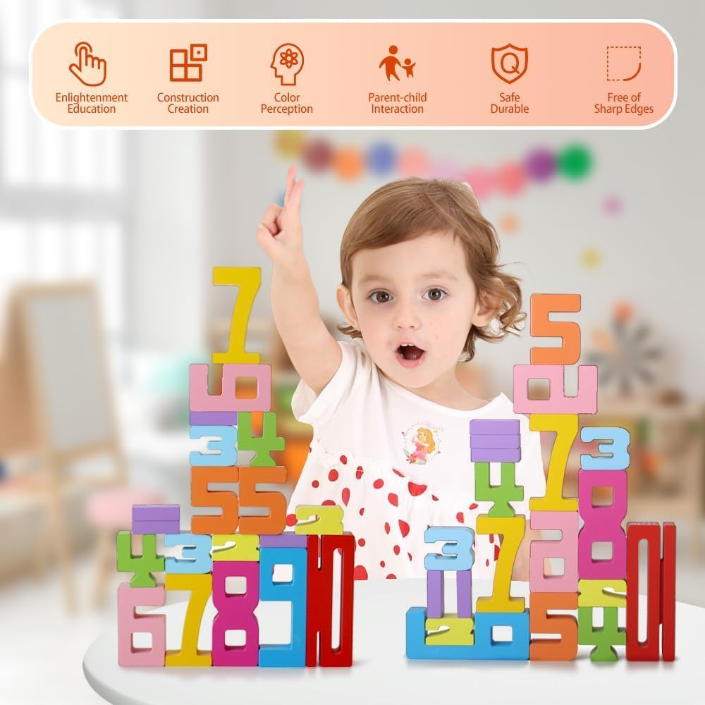 Wooden Number Building Blocks, Math-Inspired Wooden Number Building Blocks for 3+ Years Old Kids, Math Learning Toys for Kids Digital Educational Counting Toys (20Pcs)