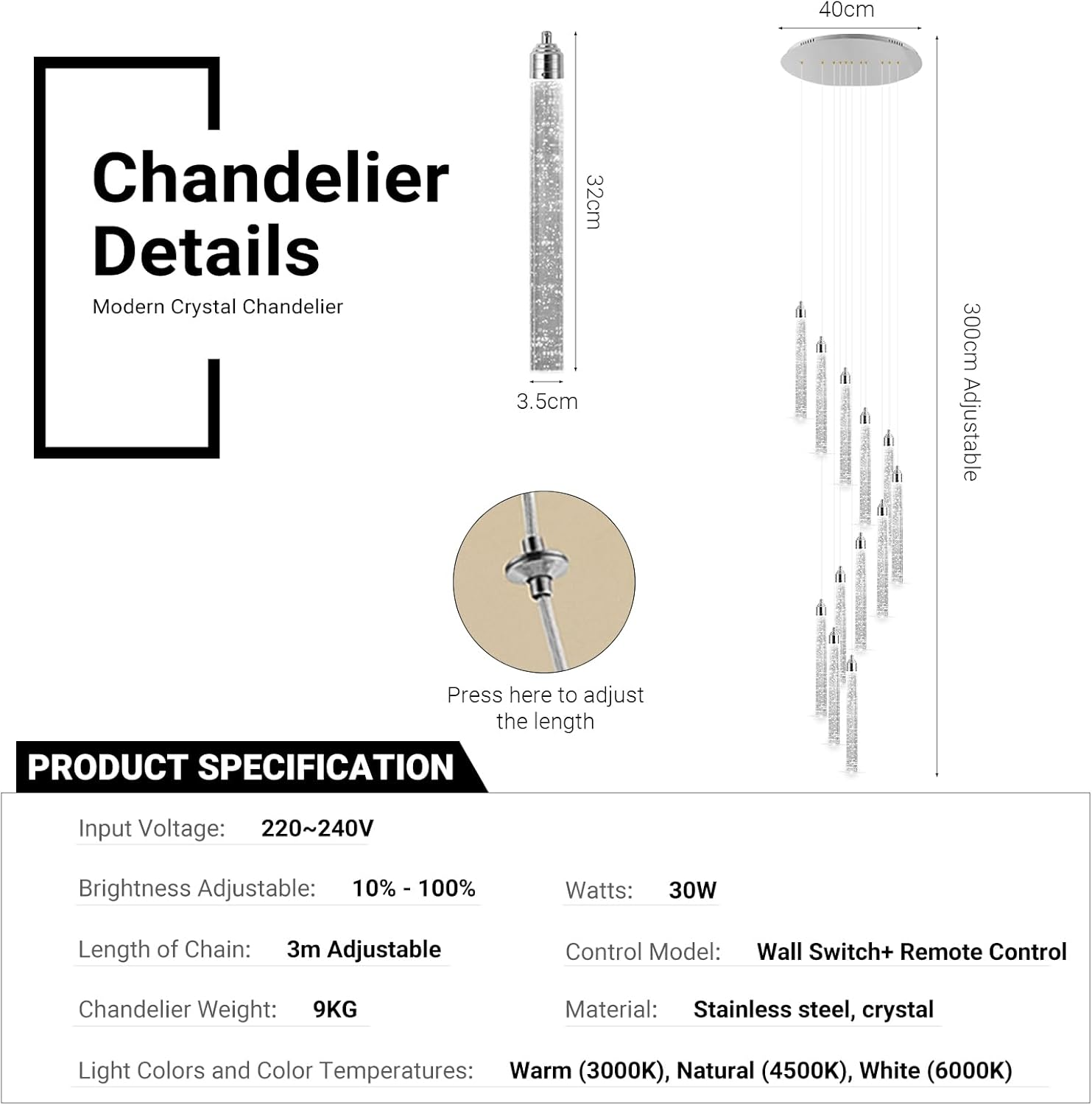 USOR 12-Light High Ceiling Chandeliers LED Modern Silver Crystal Chandelier for Staircase Entryway 3 Colors Dimmable Spiral Large Pendant Light for Luxury Chandelier Living Room Hallway Foyer Lobby image number 6