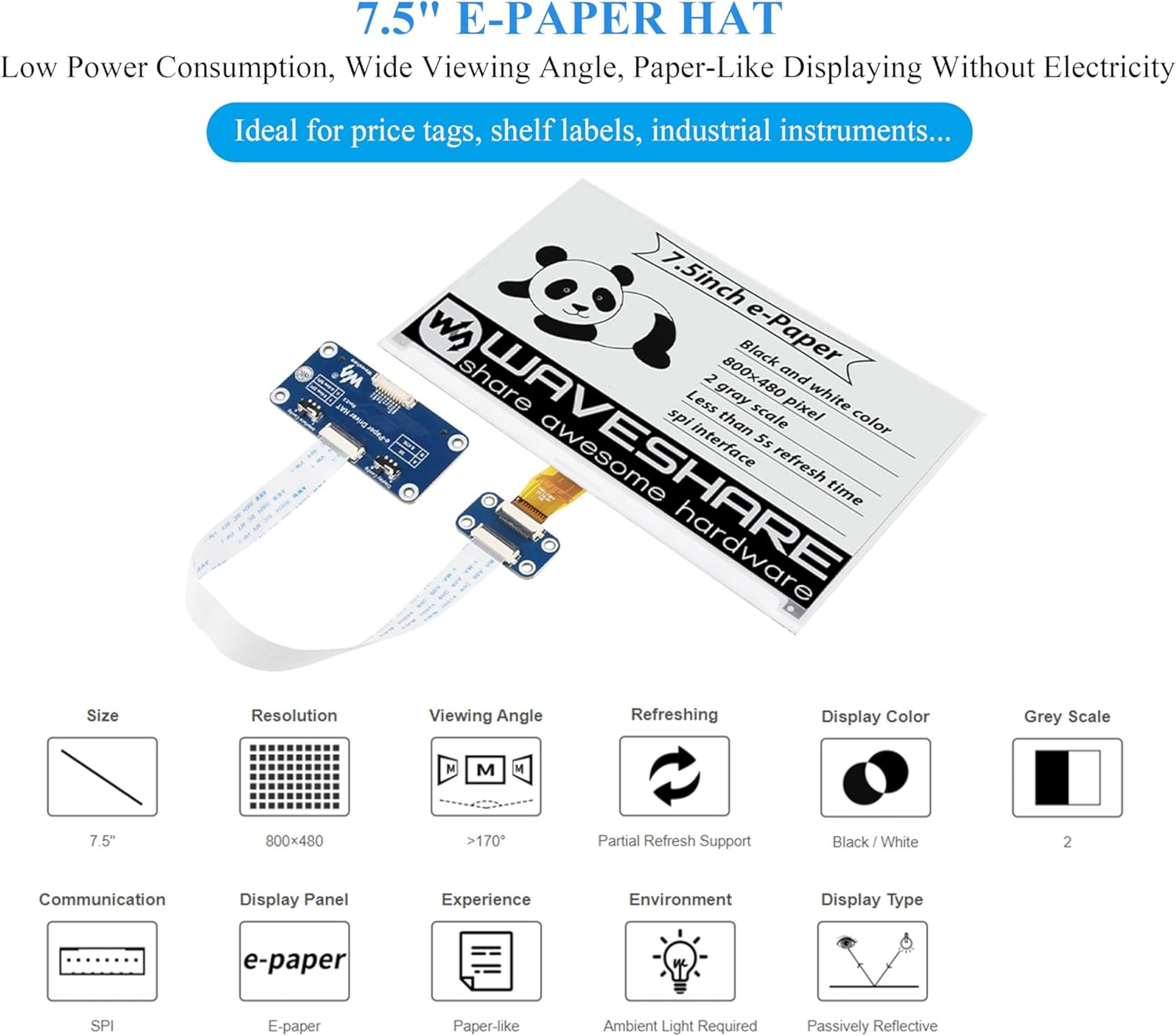 7.5Inch E-Ink Display HAT Compatible with Rpi 5/4B/3B+/Zero/Zero W/Zero 2W/Pico/Pico W/Pico 2/Pico 2W/Jetson Nano, 7.5" E-Paper HAT 800&times;480 Resolution SPI Interface, Black White Two-Color image number 4