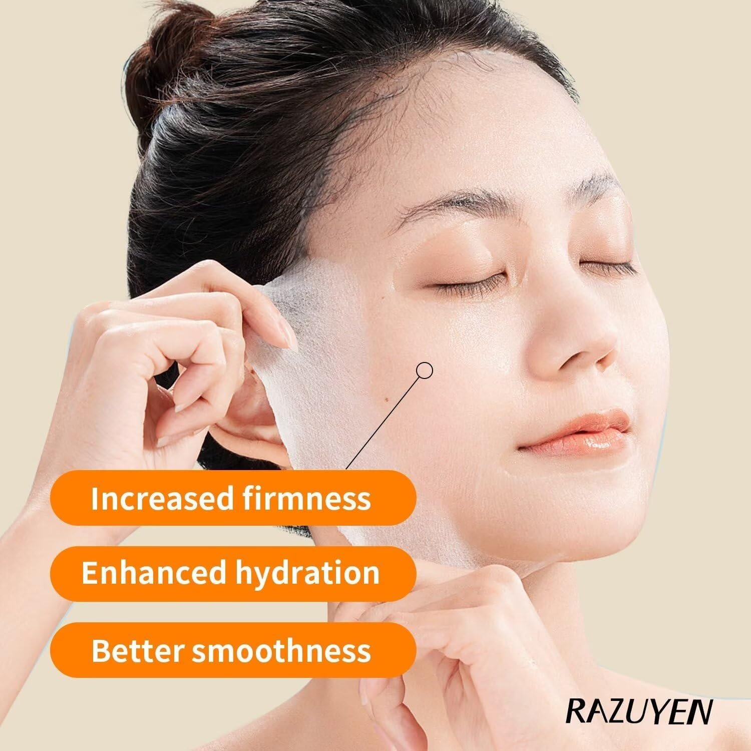 RAZUYEN Firming and Moisturizing Sheet Face Masks with Hyaluronic Acid and Peptides, Reduce Fine Lines and Wrinkles, Hydrating & Anti-Aging Spa Face Mask, Facial Skin Care (Pack of 10) - Yellow image number 3
