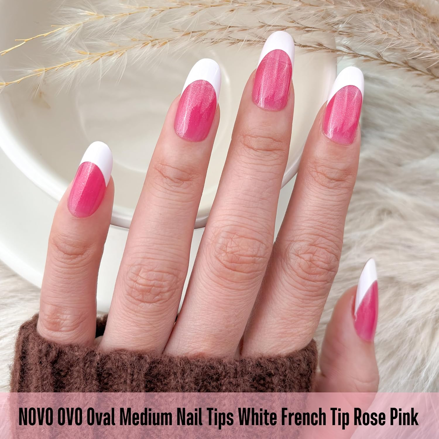 NOVO OVO White French Tip Oval Nail Tips Press on ROSE PINK, Extra Thick Medium Soft Gel Fake Nail Acrylic Extension, Need Builder Gel Top Coat, No Glue Included, for Salon DIY X 15 Sizes 240 Pcs image number 4