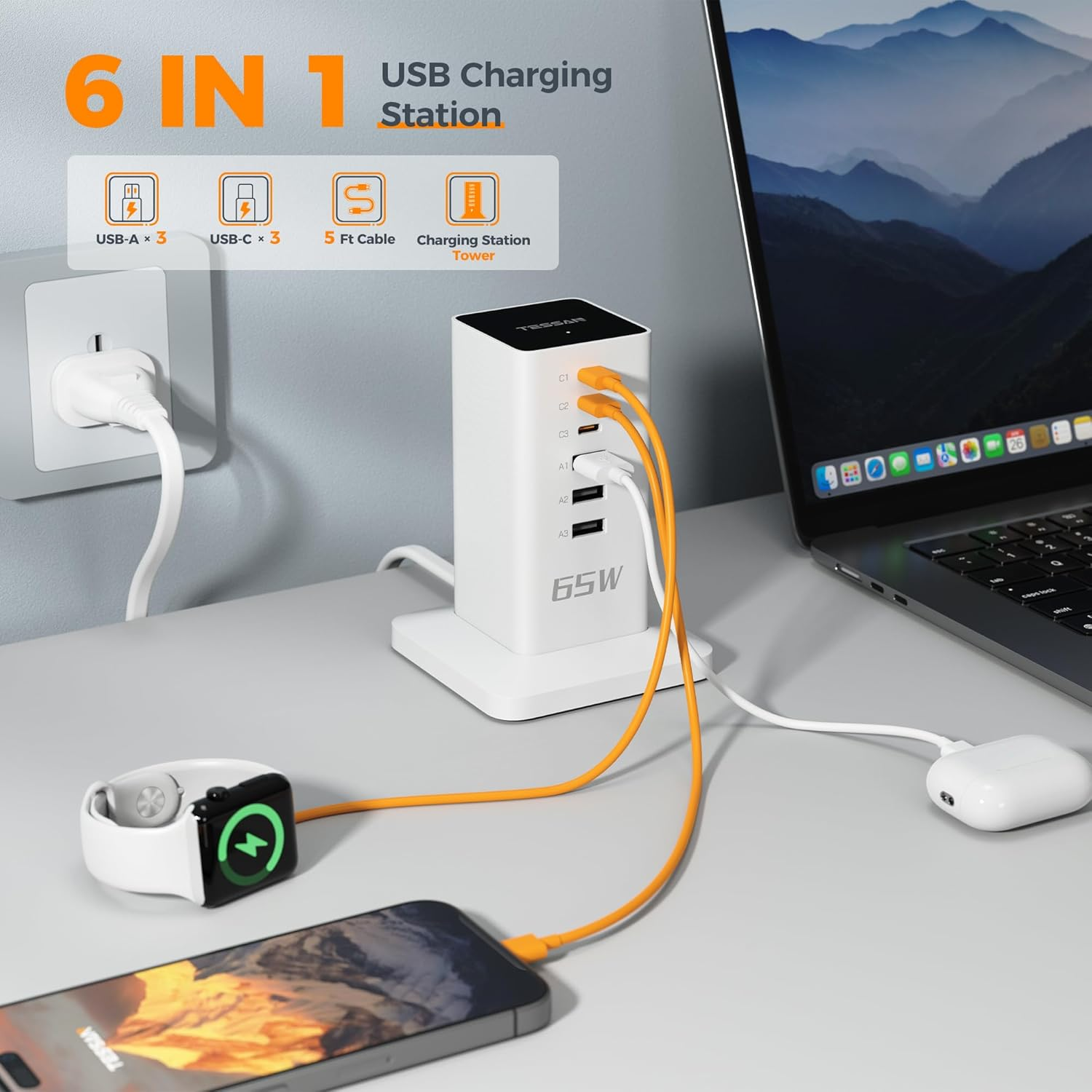 TESSAN USB C Charger, 65W Portable Charging Station, 6 Ports Charger Block Power Adapter, Gan Wall Charging Hub for Iphone15/16, Macbook, Earphone, Home Office Accessories image number 1
