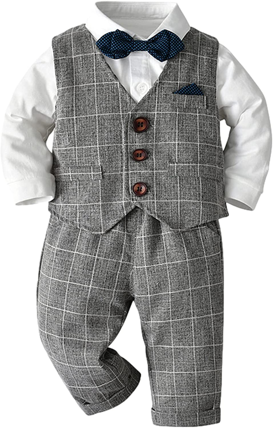Amokk Baby Boy Formal Outfits White Shirt + Plaid Waistcoat + Pants + Bowtie 4Pcs Gentleman Clothing Set for 1St Birthday