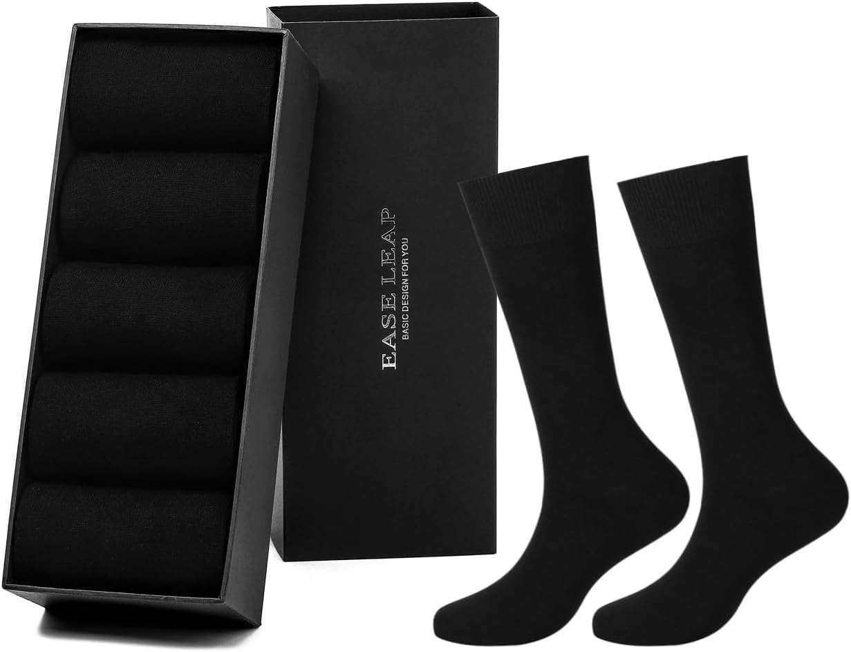 5 Pairs Mens Dress Socks Comfortable Cotton Crew Sock Calf High Breathable Formal Socks with Gift Box