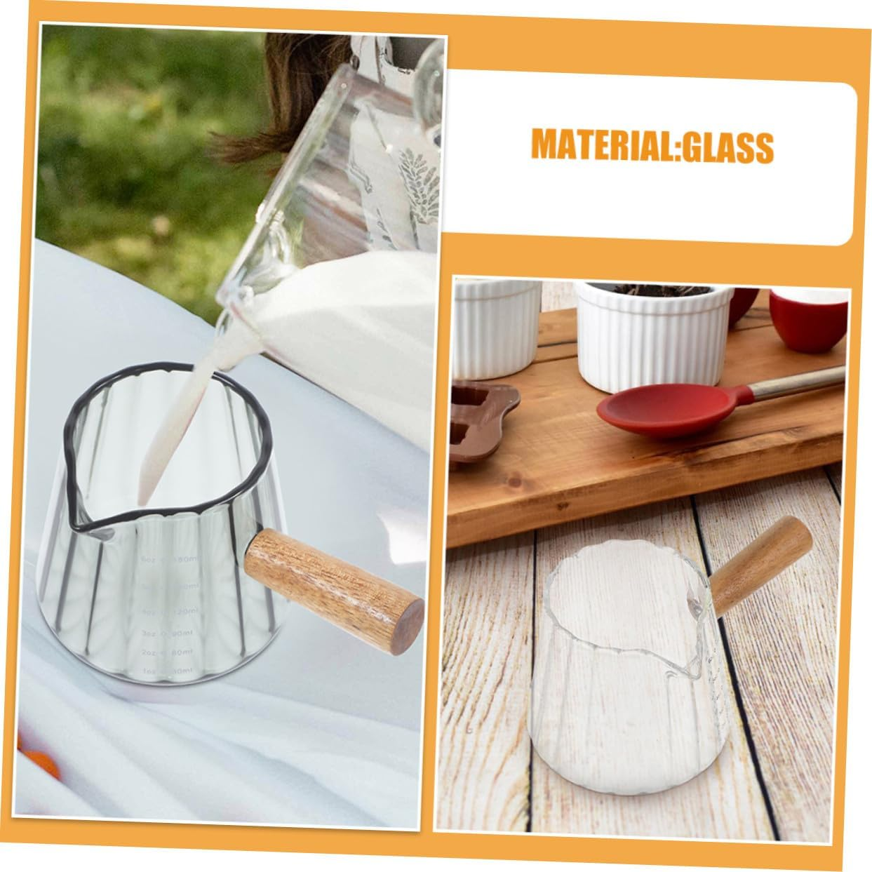 Iplusmile 2Pcs Clear Glass Milk Measuring Cups with Wooden Handles Small Frothing Pitchers for Espresso and Multipurpose Mini Milk Jugs for Coffee Lovers at Home Office image number 2