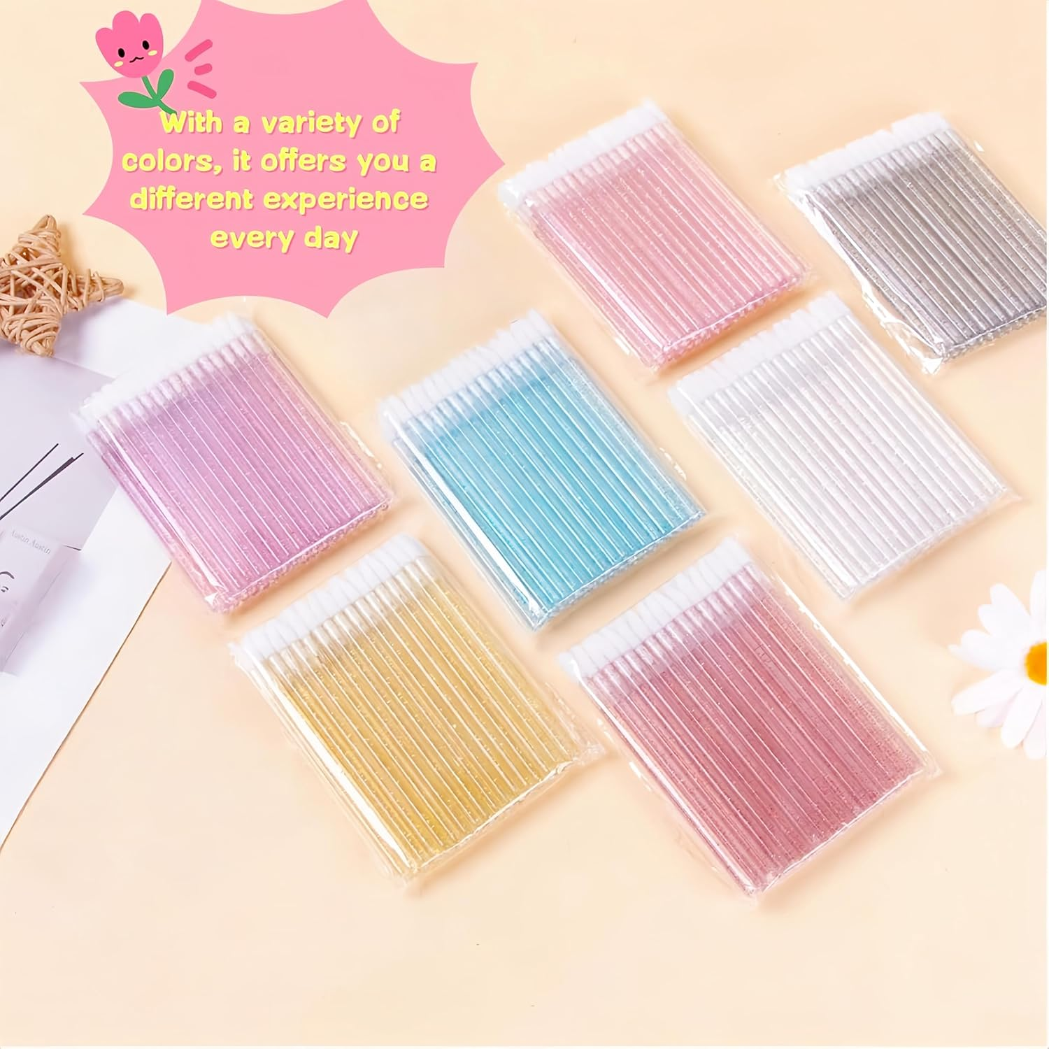 QIAOXUFE 200Pcs Make-Up Lipstick Brush, Lip Gloss, Concealer Brush, Lipstick Stick Applicator, Lip Applicator Tool for Perfect Lip Makeup（50Pcs Pink+50Pcs Blue+50Pcs Purple+50Pcs Black)Crystal Stick Lip Brush