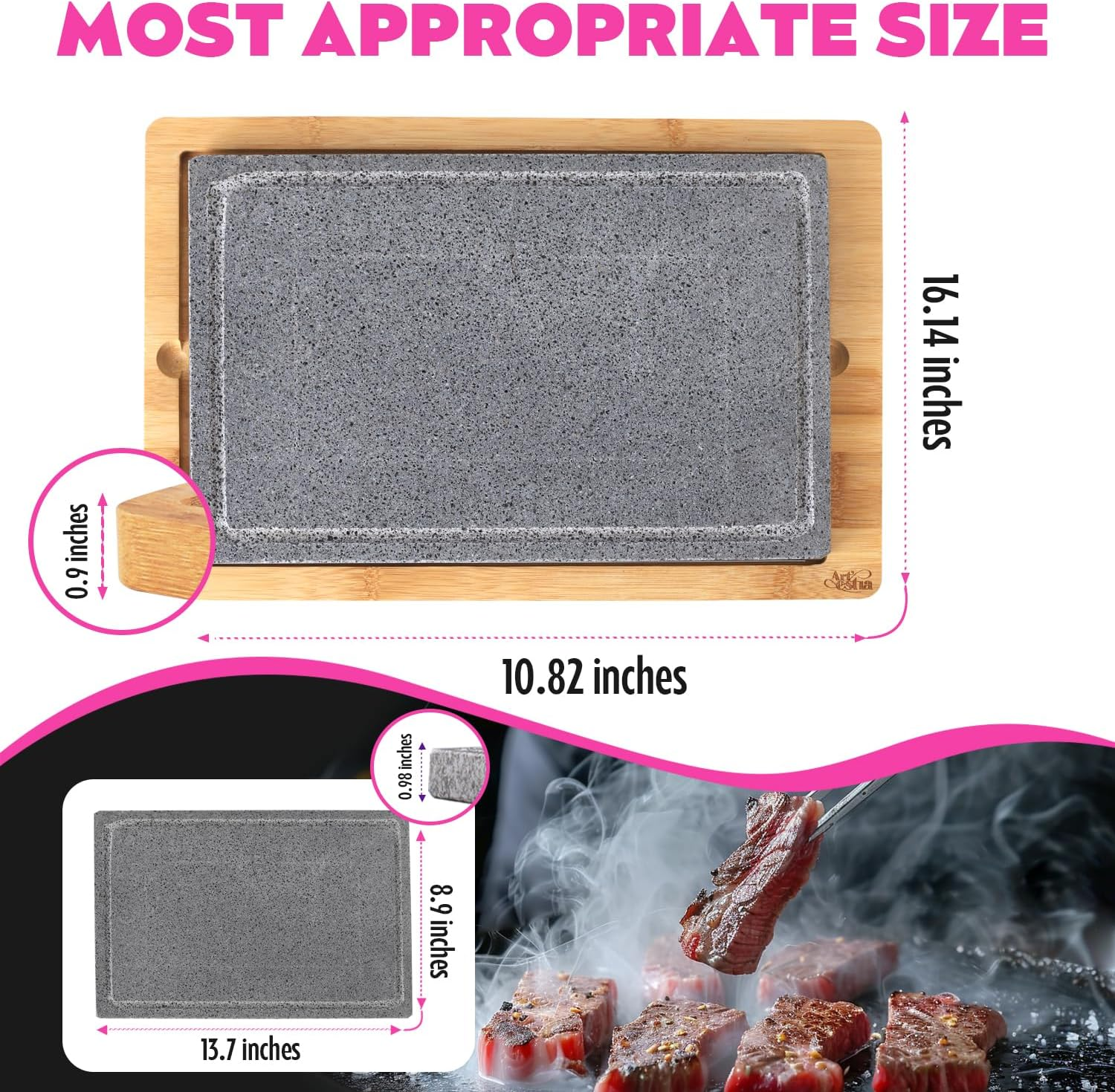 Artestia Extra Large Lava Stone for Cooking Steak, Hot Stone Plates Tabletop Grill, Sizzling Stone Grill Cooking Platter for Meat, BBQ Lava Steak Stones with Bamboo Platter (13.66"*8.93") image number 6