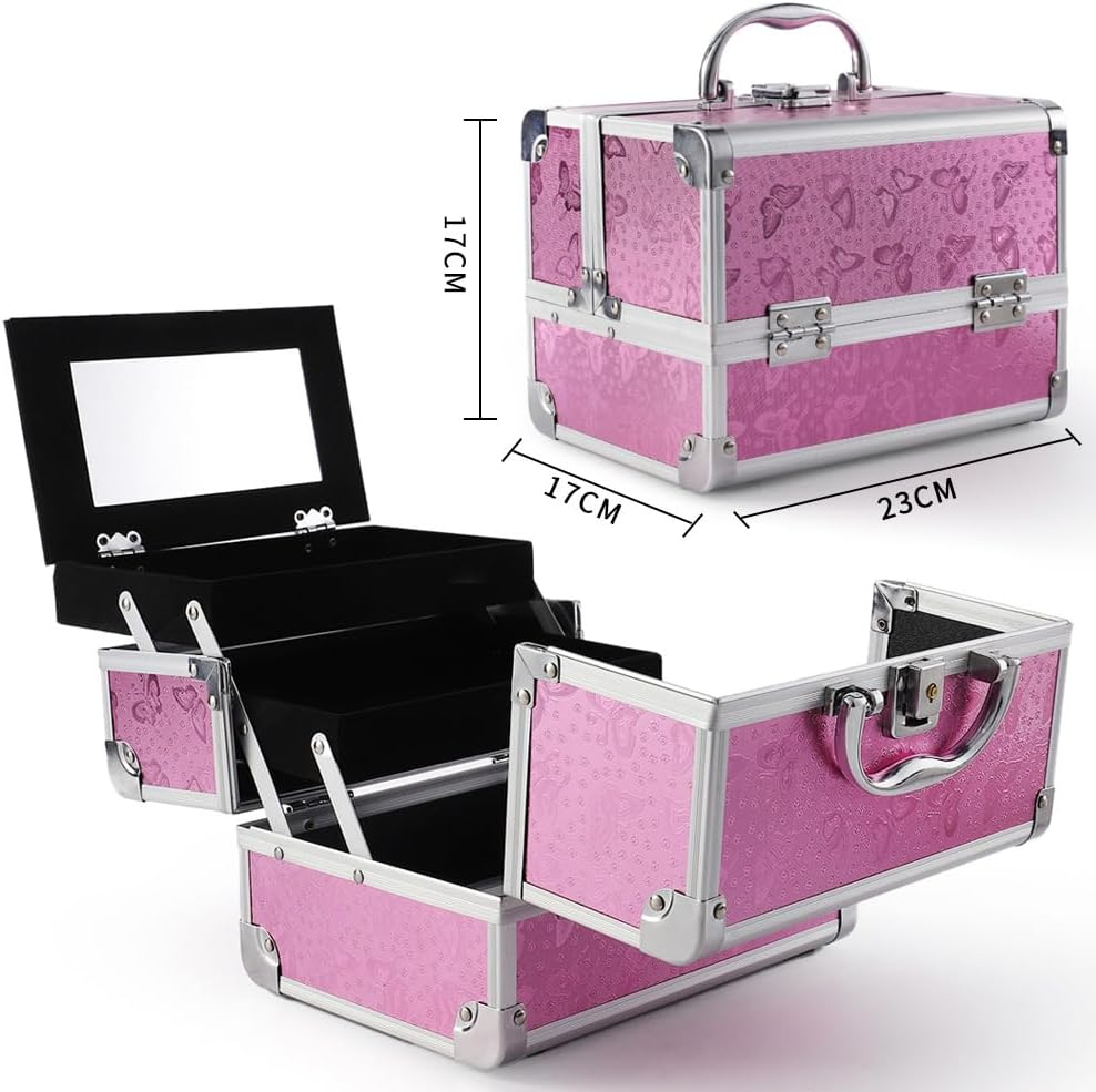 Makeup Train Box Cosmetic Case Portable Makeup Box Storage 2-Layer Tray Cosmetic Storage with Mirror Lock Suitable for Beautician Beauty Supplies Nail Art Travel Cosmetic Case 23 * 17 * 17 (Pink) image number 2