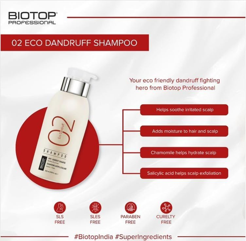 Biotop Professional 02 Shampoo Eco Dandruff | Enriched with Vitamin B5 to Hydrate, Nourish & Soothe the Scalp |Paraben, SLS & Sulfate Free | anti Dandruff Shampoo for Men & Women image number 2