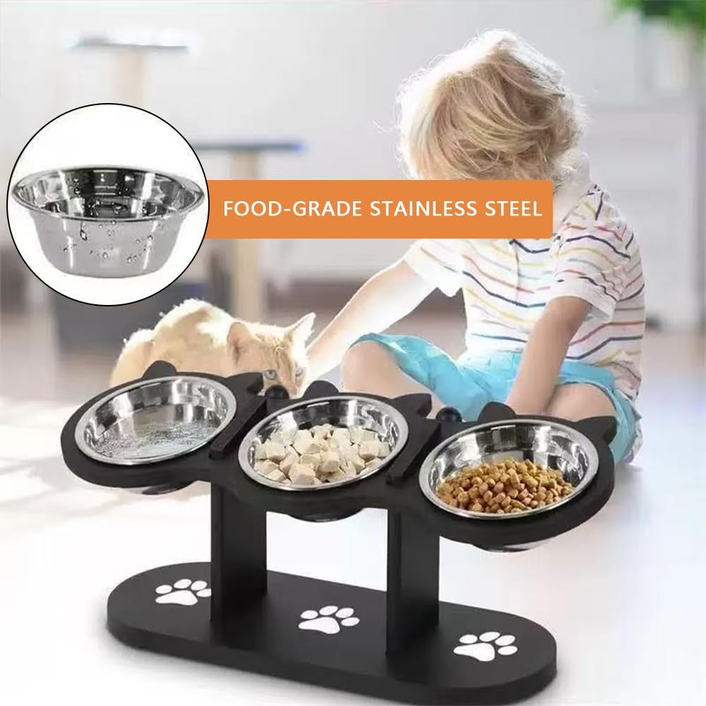 Elevated Cat Bowls with Stand &ndash; 15&deg; Tilted Raised Cat Food and Water Bowls for Indoor Cats & Small Pets, Adjustable Height Bamboo Shelf with Non-Slip Base image number 1