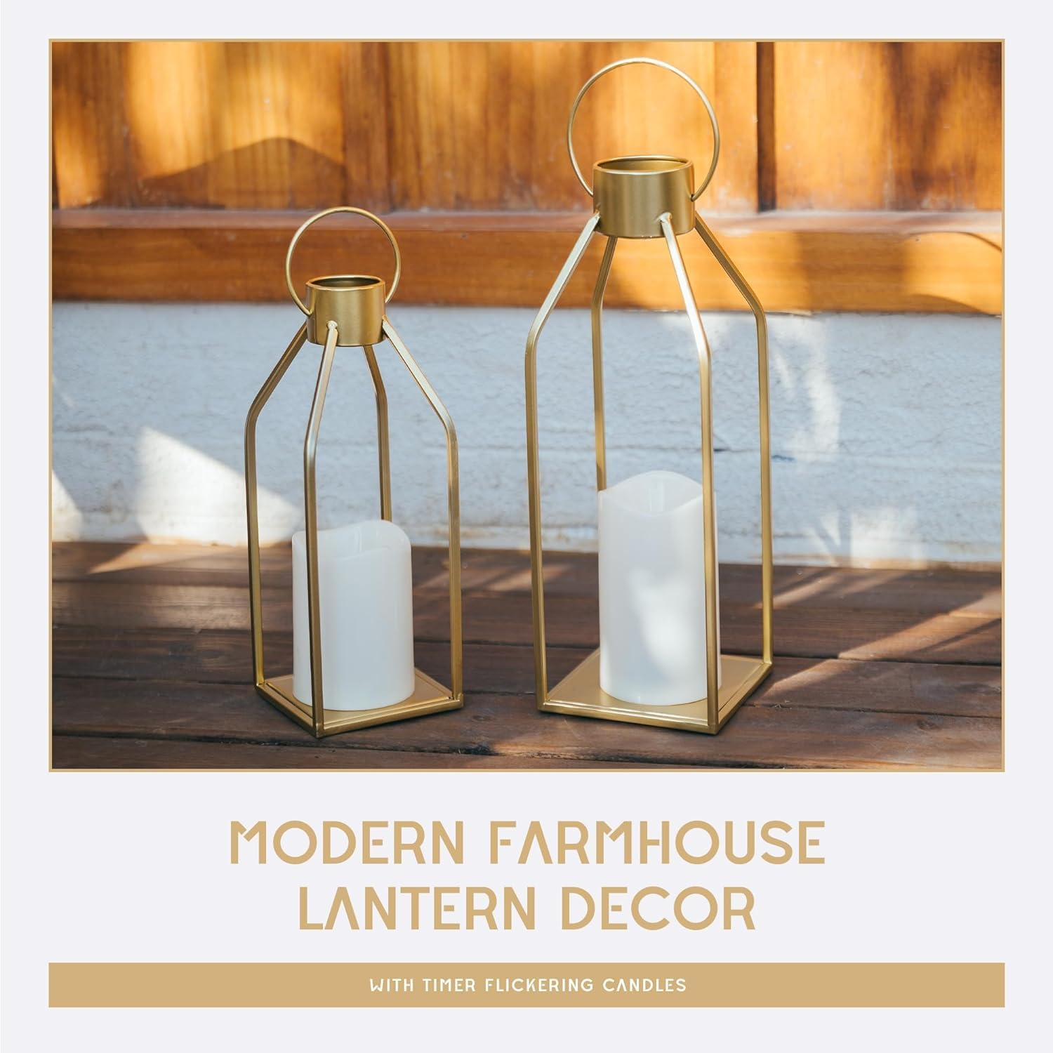 Modern Farmhouse Lantern Decor,2 Pack Black Metal Candle Lantern Front Porch Decor for Home Decor, Living Room, Fireplace, No Glass for Indoor Outdoor Decorations (Excluding Candles) (Gold) image number 6