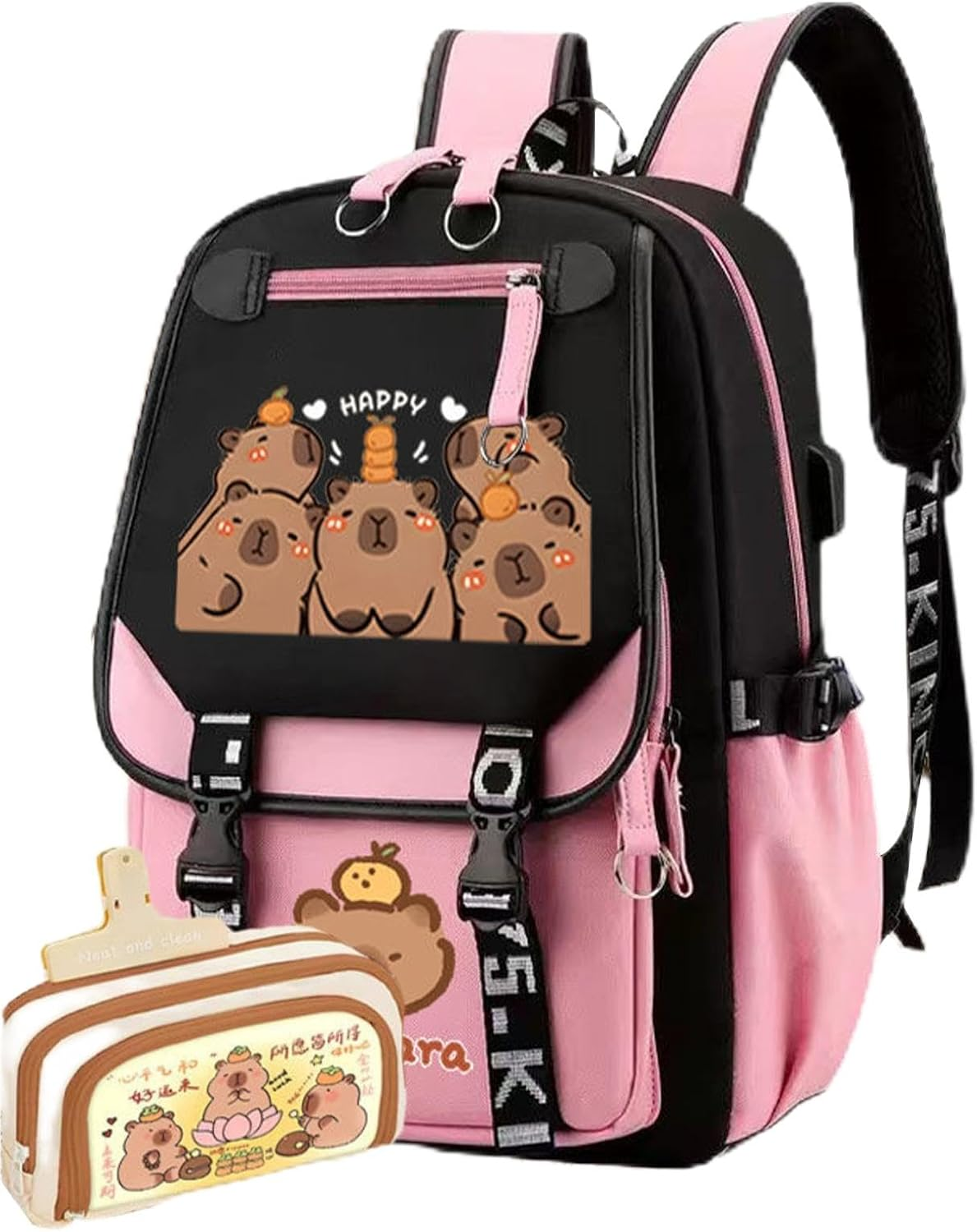 Cute Capybara Backpack, 18" Large Capacity School Backpack Cute Capybara Backpack, Capybara Daypack for Girls Teens Students Causal Rucksack with Pencil Case Badge Pen Keychain Sticker Plush Pendant
