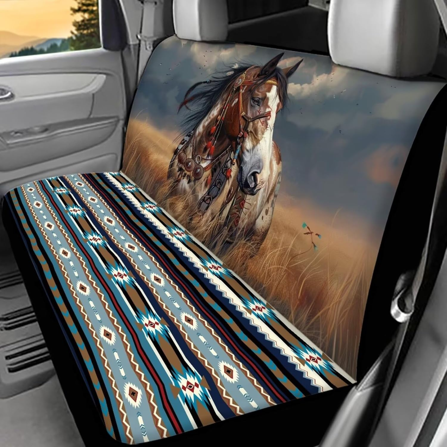 WELLFLYHOM Native Deer Car Seat Covers Rear Bench Seat Cover Aztec Tribal Car Accessories Universal Rear Seats Protective Cover for Trucks SUV image number 4