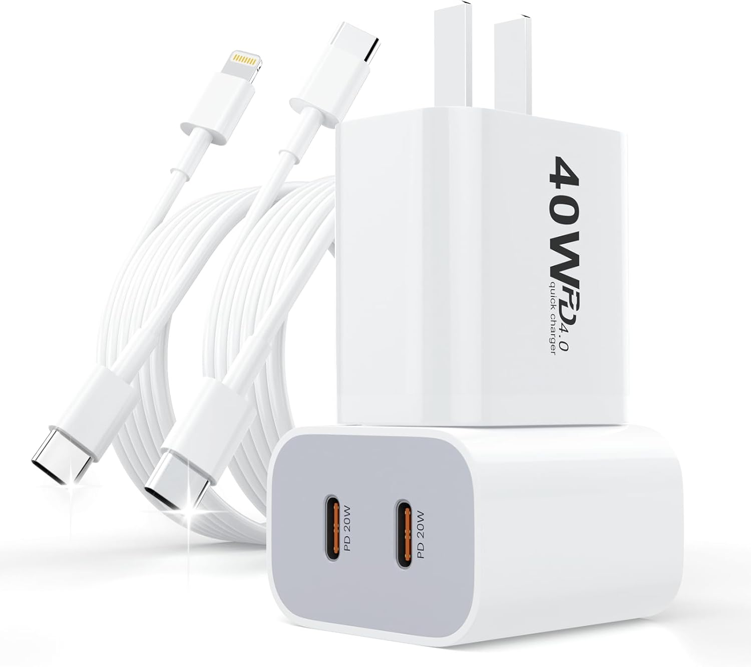 40W USB C Fast Charger 2Pack,2-Port PD USB-C Wall Charger Plug with Dual PD USBC Port,Power Adapter Type C Wall Charger Au-Plug for Iphone/Ipad/Samsung/Galaxy with 2M USB-C & Lightning Cable