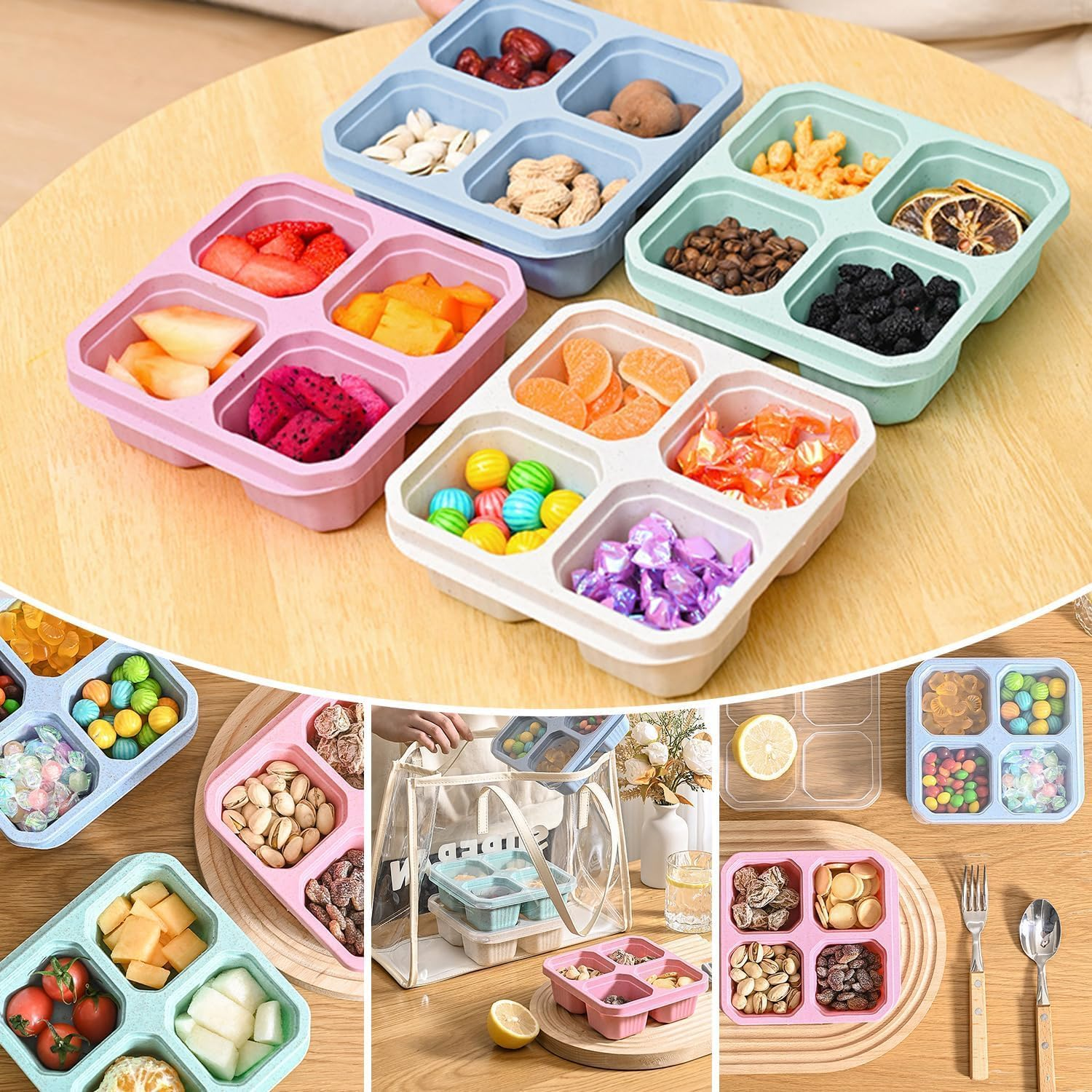 6Pack Lunch Box Divided Containers, 4 Compartment Bento Snack Boxes, Reusable Divided Lunch Box Containers for Adults, Kids, Toddlers, Travel, Work, School image number 1