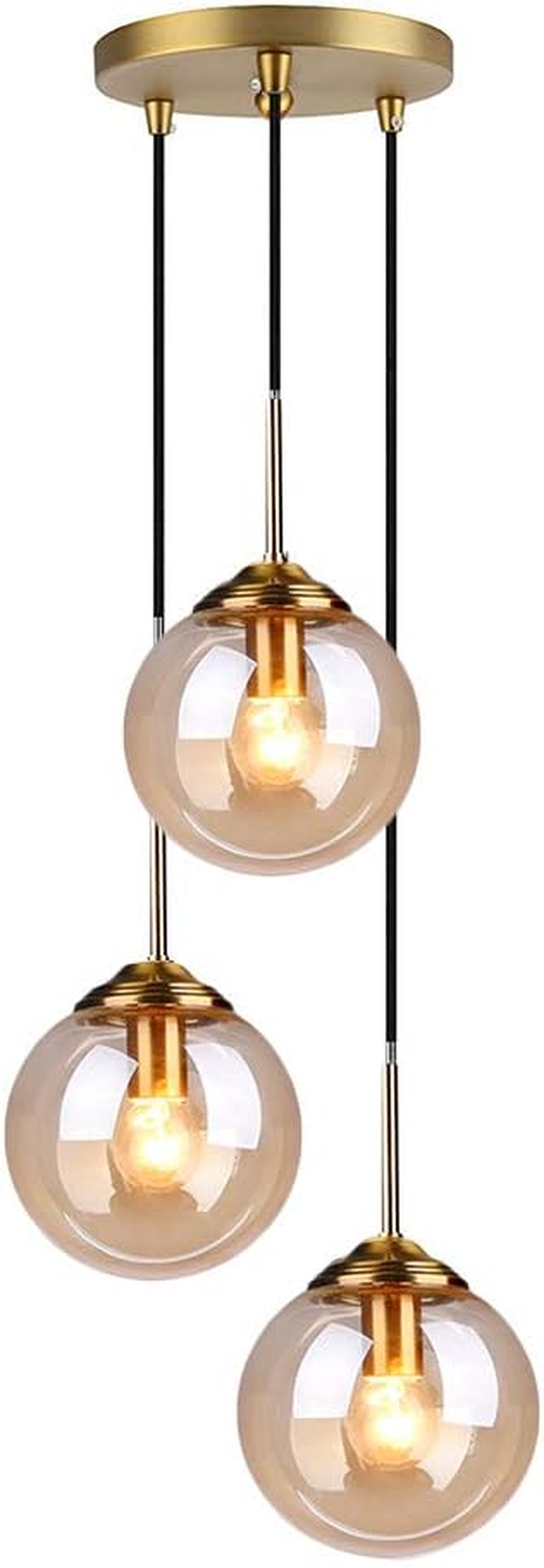 Industrial Vintage 3 Lights Pendant Light,Glass Globe 3 Pendants Ceiling Light, Brass E27 Hanging Lamp Cluster over Kitchen Island & Dining Room Table (Amber)