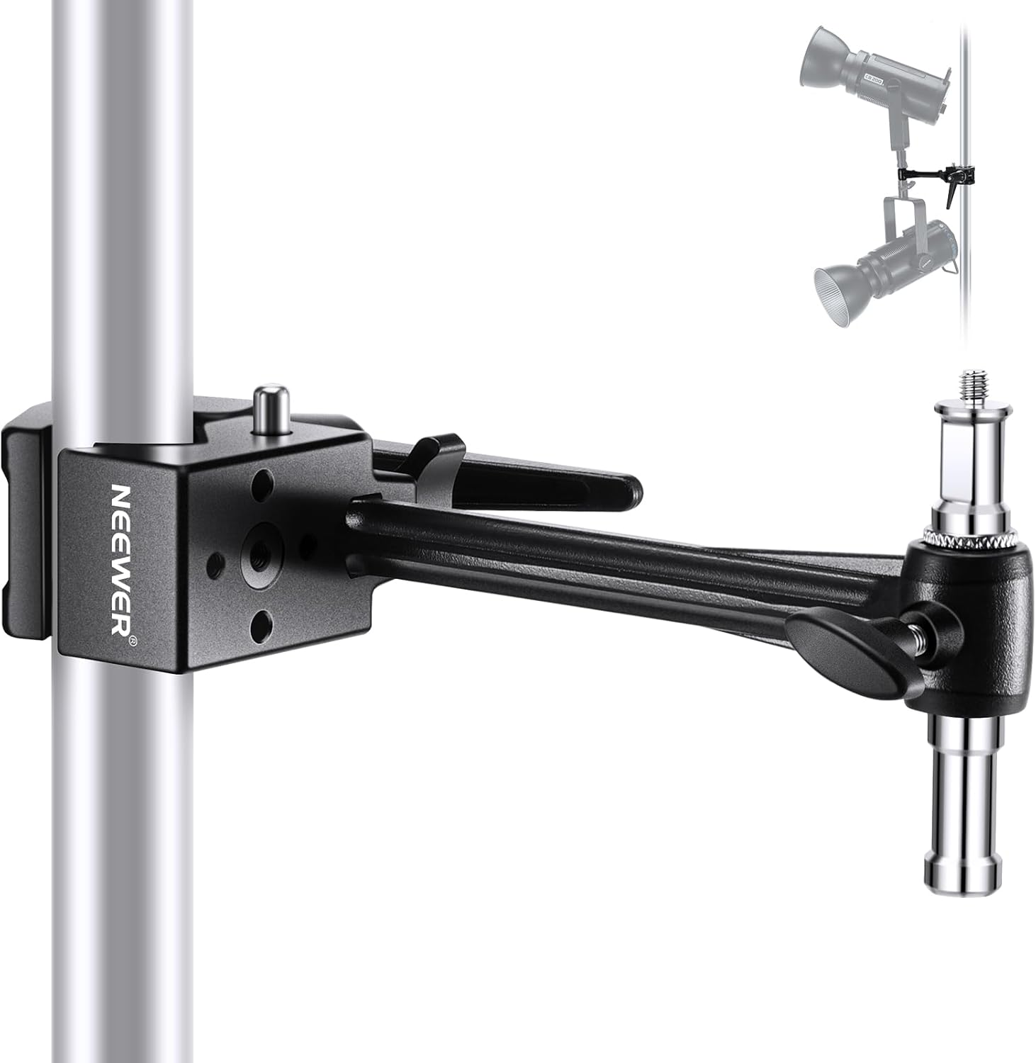 NEEWER Super Clamp with 6" Extension Arm, 5/8" Stud, 2.4" Jaw Grip Heavy Duty Crab Pole Clamp for round Pipe Flat Surface, for Photography Studio Camera Lighting Mounting, Max Load 33Lb/15Kg image number 1