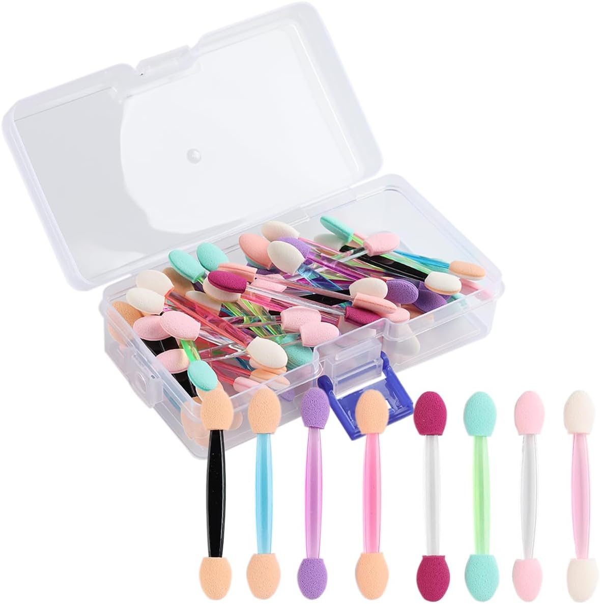 Fcozpjk 50PCS Chrome Nail Powder Applicator Brushes, Disposable Eyeshadow Applicator with Acrylic Storage Box, Nail Glitter Powder Pigment Pen Brush, Nail Art Applicator Tools