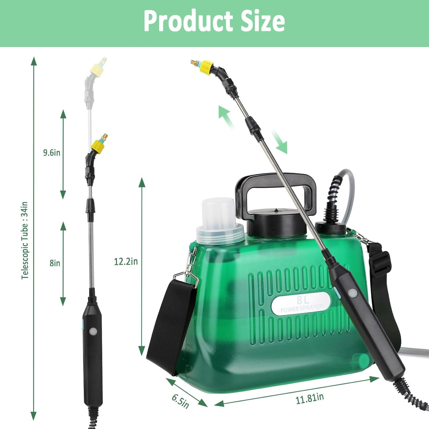 Battery Powered Sprayer, 8L Electric Garden Sprayer with Telescopic Wand & 3 Nozzles, Weed Backpack Sprayers for Lawn, Yard & Outdoor Use - Green image number 5