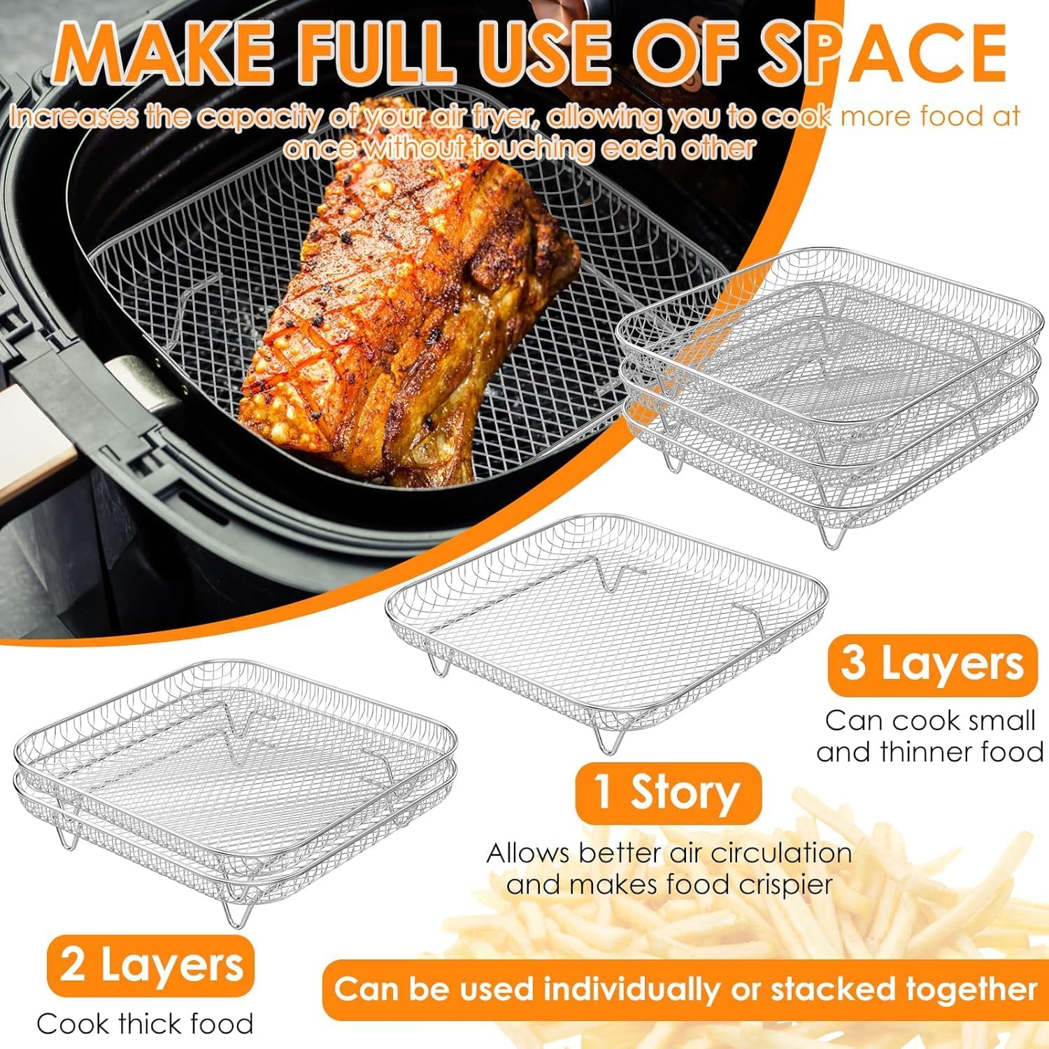 3 Layer Air Fryer Rack,8X8 Inch Air-Fryer Rack Accessories with 8 Silicone Feet 1 Anti-Scald Clip,Stainless Steel Grill Dehydrator Rack,Stackable Grill Dehydrator Rack for 5L-7.5L Air Fryers image number 6