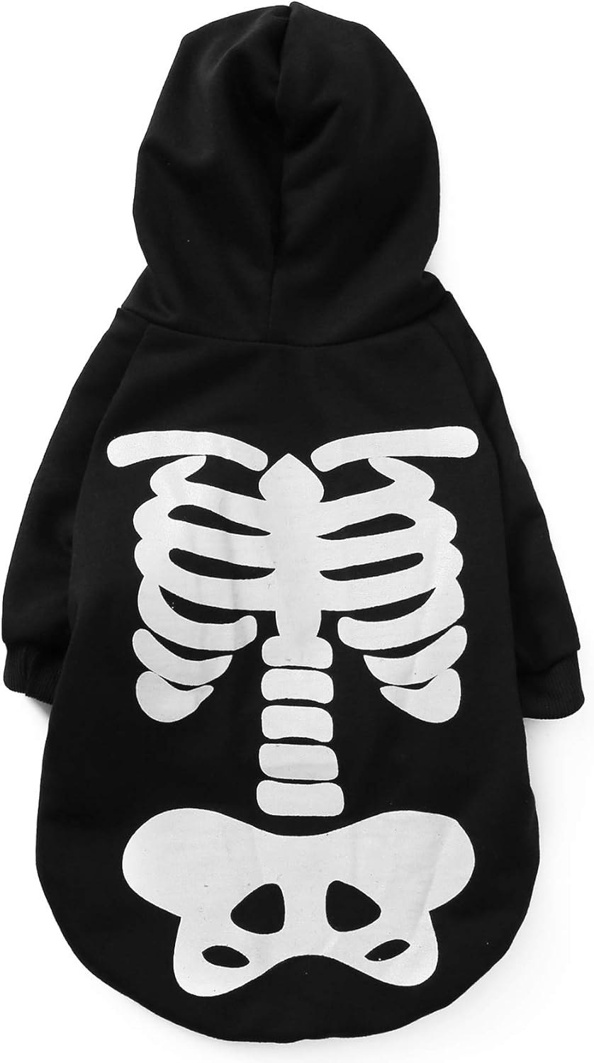 Coomour Halloween Pet Dog Cat Skull Hoodies Glowing Skeleton Bones Costume Outfit for Dogs Cats (XL)