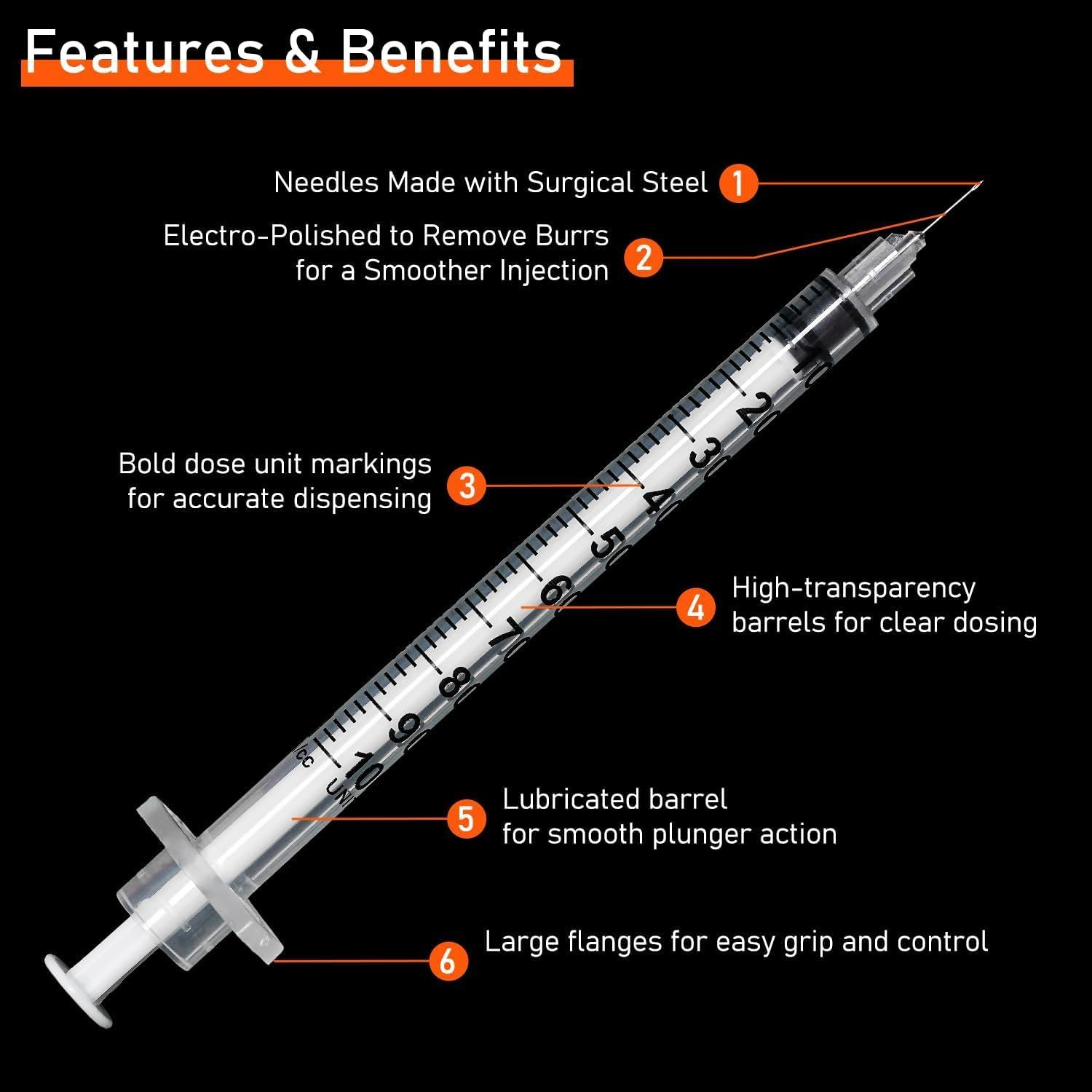 20 Pack 1Ml Syringes with 31Gx6Mm Plastic Multiple Uses Measuring Tools, Individually Wrapped image number 3
