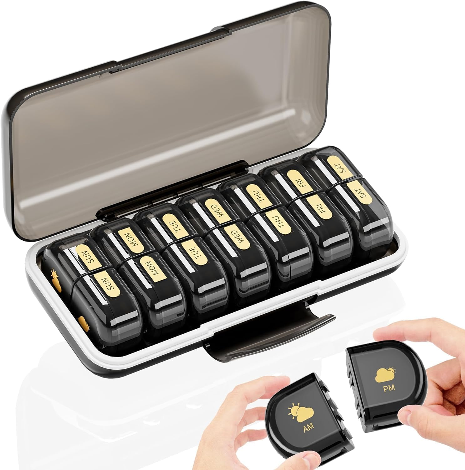 Weekly Pill Box Organiser Pill Boxes 7 Day 2 Times a Day,Portable Daily Pill Dispenser with 14 Detachable Copartments to Hold Vitamins, Cod Liver Oil, Supplements and Medication, Black image number 6