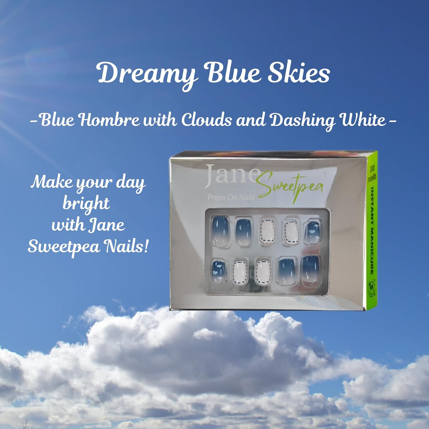 Dreamy Blue Skies Press-On Nails by Jane Sweetpea &ndash; Glossy Sky-Inspired Clouds Design, 30 Reusable Tips, Medium Squoval, Glue, Adhesive Tabs & Manicure Tools Included - Almond, Purple image number 2