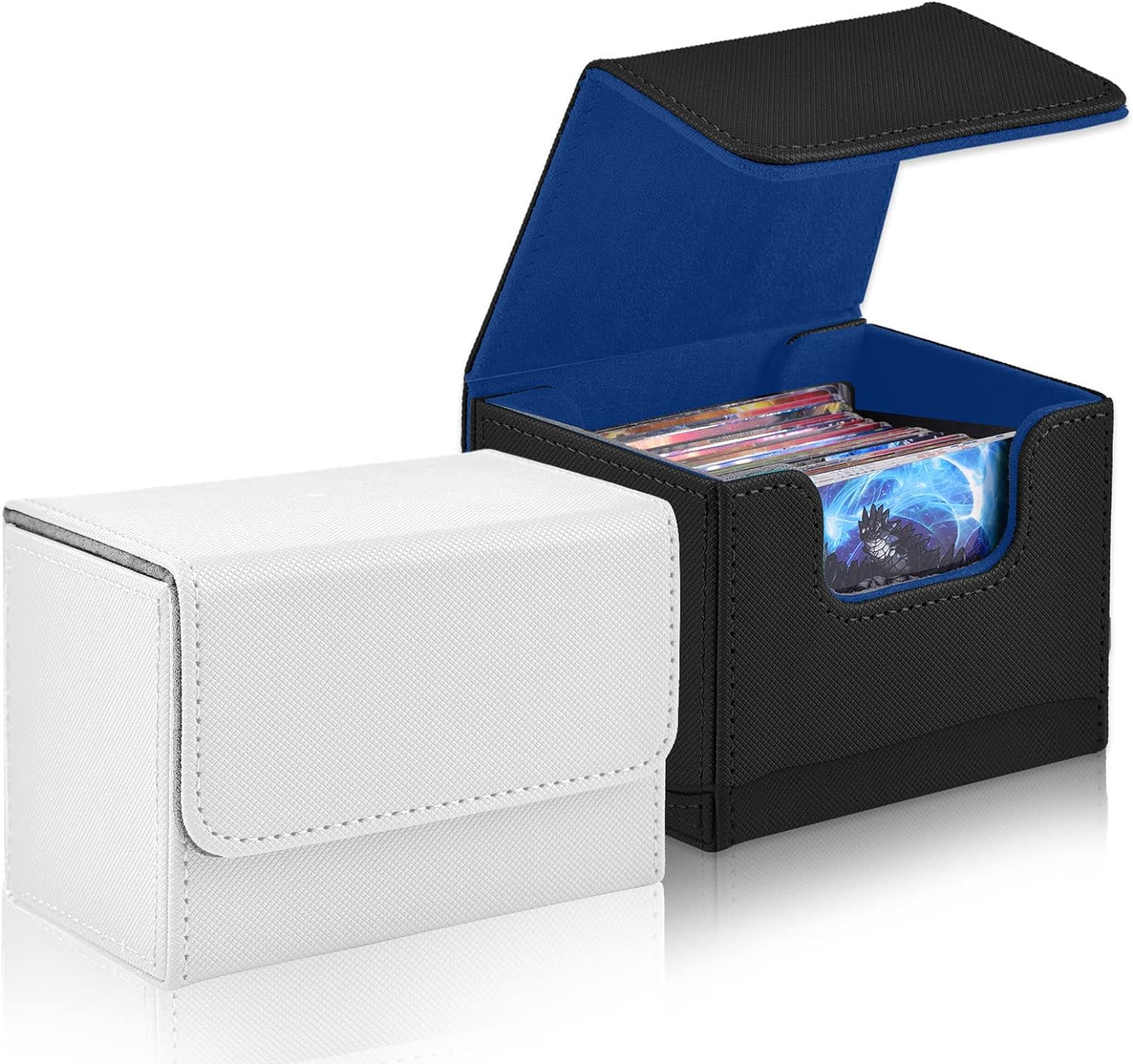 2 Boxes Leather Deck Card Boxes Large Size Fit 100 plus Sleeved Cards Deck Game Box for Collectible Cards Playing Card Box for 100 plus Cards Compatible with MTG Tcg(Vertical,Black,White)