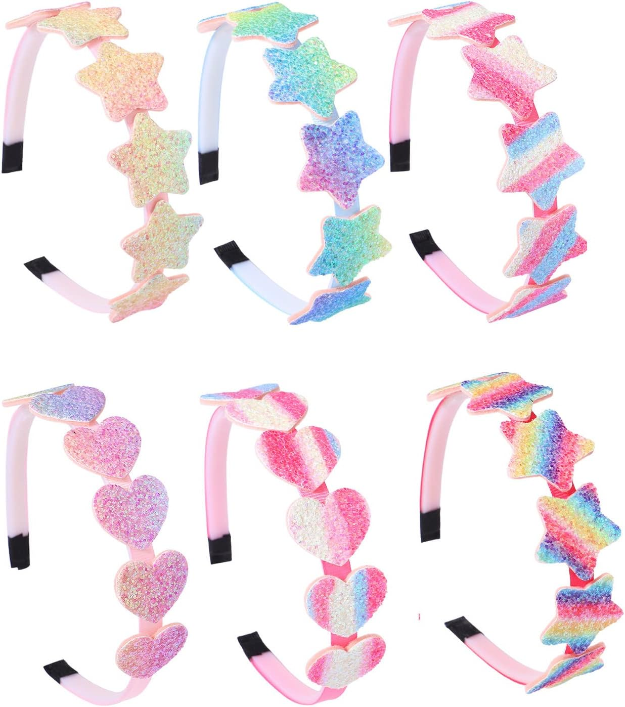 6 Pack Girls Headbands Glitter Kids Hair Accessories Bow/Heart/Star Shaped Sweet Hairband for Toddler/Girls/Teens